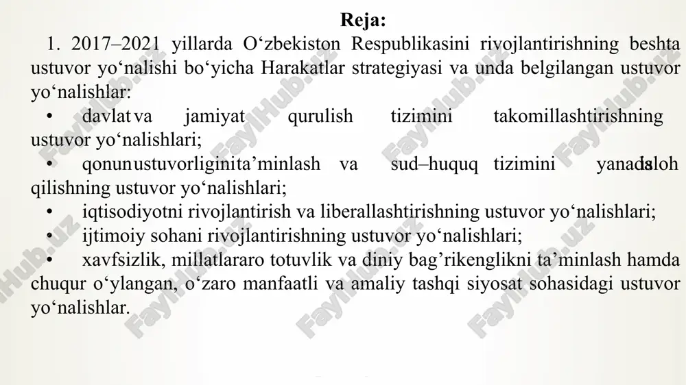 rilishi; 9. xalq davlat organlariga emas, davlat organlarining xalqga xizmat qilishga o‘tishi; 10. mintaqaviy xavfsizlikning ta’minlanishi, qo‘shni davlat afg’onistonda tinchlikni o‘rnatish bo‘yicha ilgari surilgan tashabbuslari. o‘zbekiston respublikasi prezidentining 2017 yil 7 fevraldagi “o‘zbekiston respublikasini yanada rivojlantirish bo‘yicha harakatlar strategiyasi to‘g‘risida”gi pf-4947-sonli farmoni hamda ushbu farmon bilan tasdiqlangan 2017-2021 yillarda o‘zbekiston respublikasini rivojlantirishning beshta ustuvor yo‘nalishi bo‘yicha harakatlar strategiyasini “xalq bilan muloqot va inson manfaatlari yili”da amalga oshirishga oid davlat dasturida belgilangan vazifalar ijrosini ta`minlash maqsadida davlat statistika qo‘mitasining 2017 yil 13 fevraldagi 5-sonli buyrug‘i qabul qilingan 2017-2021-yillarga moʻljallangan strategiyadan koʻzlangan maqsad - olib borilayotgan islohotlar samarasini yanada oshirish, davlat va jamiyat rivojini yangi bosqichga koʻtarish, hayotning barcha sohalarini liberallashtirish, mamlakatimizni modernizatsiya qilish boʻyicha eng muhim ustuvor yoʻnalishlarni amalga oshirishdan iborat. hujjatda qayd etilishicha, mamlakat bosib oʻtgan taraqqiyot yoʻlining chuqur tahlili bugungi kunda jahon bozorida konyunktura oʻzgarib, raqobat tobora kuchayib borayotganini har tomonlama hisobga olishni, shu asosda davlatni yanada barqaror va …