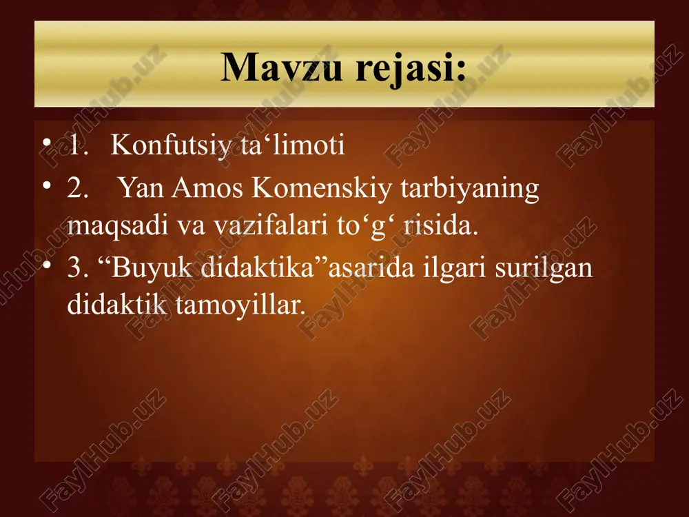 i jilovlaydi, ahmoqlikka qarshi turoladi beshinchi qoida – samimiyat, pok niyat, hur fikr, saxiylik va vijdonlilik. inson xudbinlikni chetlay oladi, deydi konfutsiy va saxovatli yerni shunday fazilatlar ramzi deb ta‘riflaydi. yan.a.komenskiyning pedagogik nazariyasi mashhur donishmand, chexoslaviyalik gumanist-pedagog ya.a.komenskiy demokratik pedagogikaning asoschisi sifatida bashariyat tarixidan o‘rin oldi. u o‘zining amaliy hayotini, pedagogik faoliyatini, ilmiy asarlarini, xalq bolalarini o‘qitish va tarbiyalashda bag‘ishladi. a.ya.komenskiyning xizmati shundaki, u yosh avlodni o‘qitish va tarbiyalash haqidagi fan pedagogika fanining vazifalarini payqabgina qolmasdan, balki pedagogik ilmining poydevorini qurdi va rivojlanish yo‘llarini ko‘rsatib o‘tdi. yan amos komenskiy 1592 yil 25 martda chexoslavakiyaning moraviyada “chex qarindoshlari” jamoasiga taalluqli oilada tug‘ildi. komenskiylar oilasi moraviyada koman qishlog‘idan ko‘chib kelishgan, shuning uchun ham ularni bu erda komnachilar oilasi deb atalgan. komenskiy 12 yoshda etim qolib, muhtojliklarni boshidan kechirdi. “chex qardoshlari” jamoasi ochgan maktabda boshlang‘ich ta’lim oldi, 1608-1610 yillarda lotin maktabida o‘qidi. jamoa hisobidan germaniyada o‘qishga yuborildi. komenskiy xerborin va gaydelberg universitetlarida ta’lim …