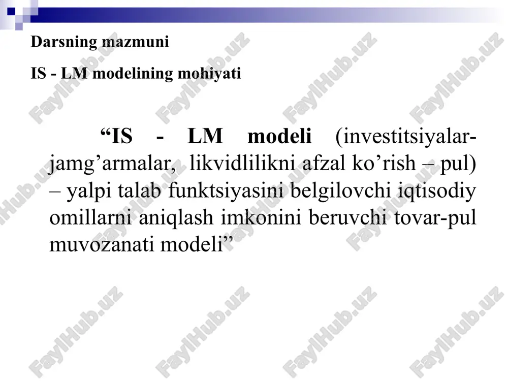 ng har bir nuqtasida pulga talab md pul taklifi ms ga teng bo’ladi (liquidity preferense = money supply). pul bozorida bunday muvozanatga daromad y ning oshishi bilan foiz stavkasi r ko’tarilsagina erishiladi. * is-lm modelida makroiqtisodiy muvozanat is-lm egri chiziqlari kesishadigan nuqta is-lm modelidagi iqtisodiy muvozanat holatini ko’rsatadi. bu nuqta o’zida shunday foiz stavkasi «r» ni va daromad darajasi «y» ni aniqlaydiki, bunda tovarlar va xizmatlar bozorida talab va taklif hamda real pul mablag’lariga bo’lgan talab va ularning taklifi o’zaro teng bo’ladi. * is-lm modeli tovar va pul bozorlarining o’zaro aloqalarini va har ikki bozorda birgalikda muvozanat o’rnatilishi mexanizmini izohlovchi modeldir. is egri chizig’i tovar va xizmatlar bozorida paydo bo’ladigan daromadlar darajasi va foiz stavkasining kombinasiyalarini ko’rsatadi. is egri chizig’ining har bir nuqtasida tovar pul bozorida muvozanat tarkib topadi. lm egri chizig’i o’zgarmas narxlar sharoitida pul vositalari bozorida vujudga keladigan foiz stavkasi va daromadlar darajasining kombinasiyalarini ko’rsatadi. lm egri chizig’ining …
