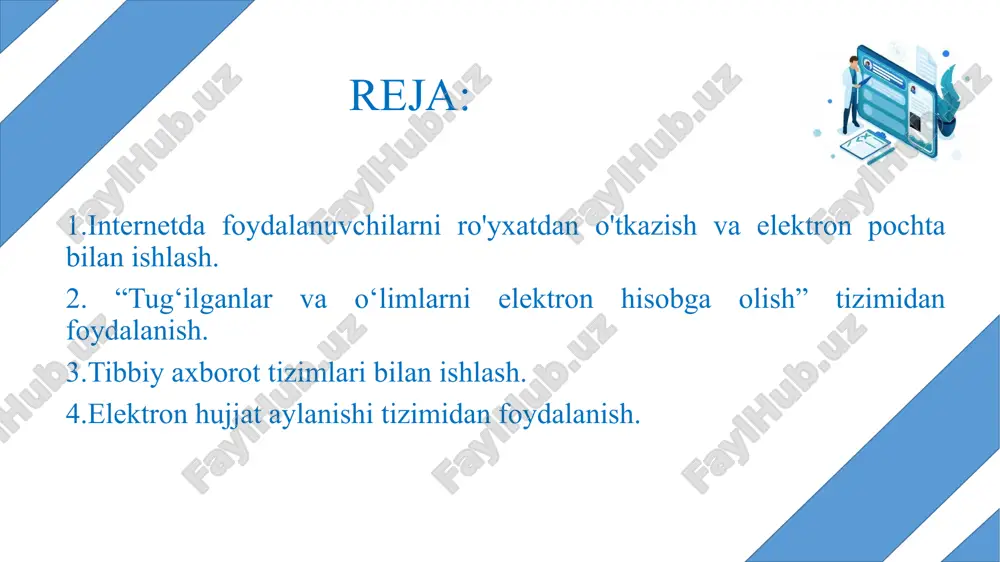 n so'ng darhol elektron pochtadan foydalanishni boshlashingiz mumkin! adres elektronnoy pochti zapisivaetsya po opredelyonnoy forme i sostoit iz dvux chastey, razdelyonnix simvolom @: elektron pochta manzili faqat lotin harflarida yozilgan va bo'sh joy bo'lmasligi kerak. @ server nomi foydalanuvchi o'z pochta qutisini ro'yxatdan o'tkazgan pochta serverining domen nomi. e-elektron pochta manzili ma'lum bir shaklda yozilgan va @ belgisi bilan ajratilgan ikki qismdan iborat:pochta manzili user_name server_name foydalanuvchi nomi o'z xohishi bilan va pochta qutisini ro'yxatdan o'tkazishda foydalanuvchi tomonidan o'rnatiladi. pochta dasturlari turli xil qurilmalarda elektron pochta bilan ishlashni qulayroq qilish uchun elektron pochta bilan ishlash uchun maxsus dasturlar mavjud. pochta orqali - pochta dasturlari (pochta mijozlari). elektron pochta mijozlarining asosiy funktsiyalari xabarlarni qabul qilish, ularni ko'rishga imkon berish, xabarlarni saralash, javob xabarlarini yaratishni avtomatlashtirish va manzillar kitobini yuritishdir. pochta dasturlariga misollar qidiruv mexanizmlari qidiruv tizimi - bu internetda qidiruv funktsiyasini bajarish uchun mo'ljallangan apparat-dasturiy kompleks bo'lib, foydalanuvchi so'roviga javob beradi, …