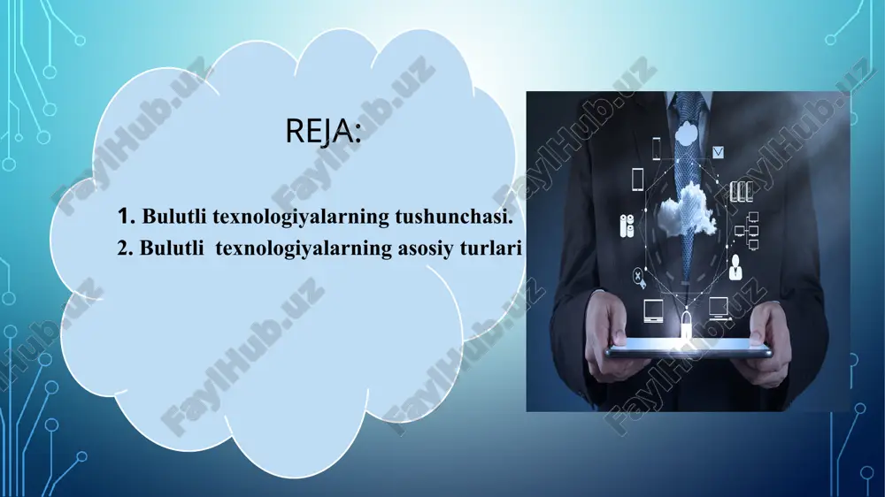 y ta'minot haqida qayg'urmasligi kerak. 2008 yilda nashr qilingan ieee hujjatiga ko'ra, "bulutli hisoblash bu paradigma bo'lib, unda ma'lumot internet serverlarida doimiy ravishda saqlanadi va mijoz tomonidan vaqtincha saqlanadi, masalan, shaxsiy kompyuterlarda, o'yin pristavkalari, noutbuklar, smartfonlarda va hokazo gloud computing infrastruktura sathlari bulut -at-infratuzilma tashkilotlarining innavatsion modeli (konsepsiya) hisoblanib, u alohidaajratilgan va taqsimlangan konfiguratsiyalangan apparat va tarmoq resurslaridan, dasturiy ta’minotdantashkil topgan va ular masofadagi provayderlarni ma’lumotlarmarkazida yotadi. gibrid cloud xususiy bulut community cloud(servis provayderi) bulutli texnologiyalarning taqsimlash modellari: xususiy bulut-bu infratuzilma bulutli hisoblashni tadbiq etishda yagona tashkilot doirasida foydalaniladi. misol uchun onlayn xizmatlar: amazon ec2, google apps / docs, microsoft office web community cloud (jamoaviy bulut) -bu infratuzilmada bulutli hisoblashdan faqatgina tashkilotning alohidabir jamoasi, (bo’lim) foydalanishi mumkin. public cloud (ommaviy bulut) -bu infratuzilma bulutli hisoblash xizmatlaridan keng omma foydalanish imkoniyatiga ega gibrid cloud (aralash bulut) – bu yuqoridagi tarqatish modellarining barchasini o’z ichiga oladi. umumiy bulutli xizmatlar keng omma tomonidan …