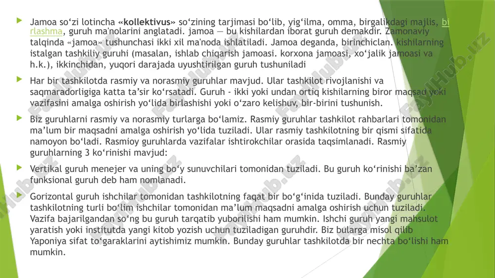 kin. bunday guruhlar tashkilotda bir nechta bo‘lishi ham mumkin. qo‘mita - ba’zi bir tashkilotlarda bu maslahat kengashi, maqsadli guruh ham, deb nomlanadi. jamoa va unga qo‘yilgan talablar haqida so‘z ketar ekan, turli yoshdagi sinflarda jamoa tashkil etishning farqli tomonlari bormi? ularning o‘ziga xos xususiyatlari nimalardan iborat, degan savol tug‘ilishi tabiiy. jamoa a’zolariga: ixtiyoriylik; demokratik faoliyat; so‘z erkinligi; tashabbuskorlik; mustaqillik; faollik; ijodiy faoliyat ko‘rsatishlari uchun imkoniyat yaratilishi kerak o‘quvchilar jamoasini shakllantirishning mohiyati va tashkiliy asoslari. o‘quvchilar jamoalarini tuzish guruhlarda, sinflarda turli farq- lar bilan amalga oshiriladi. shuning uchun barcha sinflar uchun bir xildagi yo‘l-yo‘riqlami belgilab bo‘lmaydi. ayniqsa, boshlang‘ich, v va ix sinflarda o‘quvchilar jamoasini tashkil etish va jipslashtirish katta qiyinchiliklar tug‘diradi. bu sinflarda ko‘pincha o‘quvchilar tarkibi mutloq yangi yoki qisman o‘zgaradi. shunday ekan, o‘quvchilar jamoasini yangidan tuzishga to‘g‘ri keladi. vi-vii sinflarda o‘quvchilar faollari kengayib boradi. ular ko‘proq jamoatchilik ishlarida qatnashadilar, o‘zlarining axloqiy tajribalarini boyitadilar, mehnat qilish malakalari va ko‘nikmalarini rivojlantiradilar sinf …