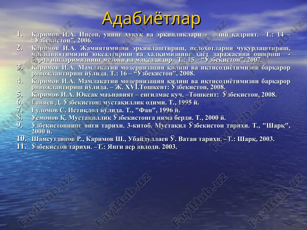 qa davlatlararo tuzilmalarga kirishi va ulardan ajralib chiqishi mumkin (17-modda). o'zbekiston respublikasining konstitutsiyasi o'zbekiston respublikasi tashqi siyosatining asosiy tamoyillari mafkuraviy qarashlardan qat'iy nazar hamkorlik uchun ochiqlik, xavfsizlikni saqlashga sodiqlik davlatlarning suveren tengligi va chegaralar dahlsizligini hurmat qilish boshqa davlatlarning ichki ishlariga aralashmaslik nizolarni tinch yo'l bilan hal etish kuch ishlatmaslik va kuch bilan tahdid qilmaslik inson huquqpari va erkinliklarini hurmat qilish ichki milliy qonunlar va huquqiy normalardan xalqaro umum e'tirof etilgan qoidalari va normalariniig ustuvorligi davlatning, xalqning oliy manfaatlari, xavfsizligini ta'minlash uchun ittifoq tuzish va ulardan ajralib chiqish tajovuzkor harbiy bloklar va uyushmalarga kirmaslik davlatlararo aloqalarda teng huquqlilik va o'zaro manfaatdorlik, davlat va milliy manfaatlarining ustunligi tashqi aloqalarni ham ikki tomonlama, ham ko'p tomonlama asosda rivojlantirish o'zbekiston jahon hamjamiyati tizimida bugungi kunda 182 davlat o'zbekiston mustaqilligini tan olgan; 142 davlat bilan diplomatik aloqalar o'rnatilgan; o'zbekistonning chet ellarda 27 elchixonasi, 11 bosh konsulxonasi, xalqaro tashkilotlarda 3 vakolatxonasi faoliyat ko'rsatyapti; o'zbekiston 1992 …