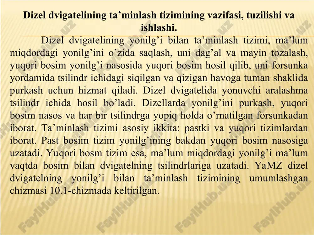 ka 17 tirqishlaridan tomib oqib chiquvchi yonilg’i baka naycha 18 orqali qaytadi. yonilg’ini uzatishning akkumulyatorli tizimining asosiy g’oyasi r.dizelga ham ma’lum edi, u o’zgarmas bosimda yonilg’i bevosita toplivoprovodga uzatiladigan purkash tizimini sinagan. bu g’oyaning zamonaviy tadbiq etilishida ohirgi yillarda dizel konstruktsiyalarida abrobatsiya qilingan va o’zining samaraliligini isbotlagan texnikaviy yechimlardan foydalanilgan. ularga ajratilmagan yonish kameralarini qo’llash (bevosita purkash), yuqori bosimlarda purkalganda (100 mpa va yuqori), hajmiy aralashma hosil qilish, forsunka markazida joylashgan holda to’rt klapanning mavjudligi, regulirovka qilinadigan turbonadduv va sh.k.lar kiradi. akkumulyatorli tizimning asosiy afzalligi shundaki, purkash energiyasini yaratish va unda yonilg’ini dozalash jarayonlari vaqt bo’yicha taqsimlangan va yonilg’ini uzatish an’anaviy usullaridan farqli ravishda bir biriga salbiy ta’sir qilmaydi. akkumulyatorli tizim purkash bosimini boshqarish va dizelning hamma ish rejimlarida uning optimal qiymatlarini ta’minlash imkonini beradi. 2-chizma. yonish bo’linmalarining turlar: a-yonilg’i bevosita purkaluvchi ajratilmagan yonish bo’linmasi; b-ajratilgan old bo’linmali yonish xonasi; v-ajratilmagan uyurmali yonish bo’linmasi; dizel yonilg’isining xususiyatlari. dizel yonilg’isi neftga …