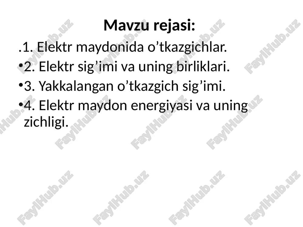 h potensialini bir voltga oshirish uchun unga son jihatdan qanday zaryad miqdori berilishini ko’rsatadigan kattalik elektr sig’imi deb yuritiladi. elektr sig’imining birligi qilib, 1 farada qabul qilingan. elektr sig’imi va uning birliklari bir faradani tasavvur qilish uchun yer sharining elektr sig’imini hisoblaymiz. elektr maydon energiyasi va uning zichligi. potentsiali nol bo’lgan, cheksizlikdan keltirilayotgan kichik dq zaryad porsiyalari vositasida o’tkazgichni zaryadlaymiz. u holda navbatdagi dq zaryadni ko’chirishda bajarilgan kichik ish quyidagicha bo’ladi: elektr maydon energiyasi va uning zichligi minus ishorasi ishning tashki kuchlar tomonidan zaryadlangan o’tkazgich maydoni kuchlariga qarshi bajarilishini ko’rsatadi. kattaligi huddi shunday bo’lgan ishni o’tkazgichning o’zi razryadlanishi jarayonida bajarishi mumkin. shuning uchun zaryadlangan o’tkazgichning energiyasi quyidagicha bo’ladi: sovremennie kondensatori elektr maydon energiyasi va zichligi o’zaro ta’sirlashayotgan ikkita zaryadlangan jismlarni kuzatsak, ularning har biri ikkinchisining maydonida nazorat savollari 1.o’tkazgichlar elektr maydonga kiritilganda qanday jarayonlar sodir bo’ladi.? 2.elektr sig’imiga ta’rif bering. si va sgse birliklar tizimida sig’im birliklarini ifodalang? 3.yassi kondensator …