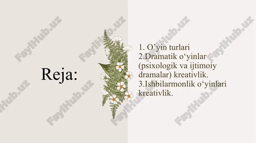 asash o'yinlari qurish-yasash o'yinlarida bir xil buyumlarning boshqalari bilan almashinishi yuz beradi. kichik va o'rta guruh yoshidagi bolalarda qurilish o'yinlari rolli o'yinlar bilan bog'lanib ketadi syujetli-rolli o'yin o‘yinlar qoidali o‘yin quyidagi turlari didaktik o‘yinlar, harakatli o‘yinlar, musiqali o‘yinlar va ermak o‘yinlariga bo’linadi. qoidali o'yinlar bolalar o‘yin qoidalarini o'zlari o‘yin jarayonida helgilashadi 10 didaktik o‘yinlarni tashkil etishda bolalarning yosh va individual xususiyatlarini hisobga olish lozim. o‘yinlar predmetli o‘yinlar 15-20 minut o’ynaladi. syujetli o‘yinlar 30-60 minut o’ynaladi. qoidali o‘yinlar 1-2 soat o’ynaladi. bola 8-9 oylikdan kattalar bilan dastlabki o‘yin faoliyatini boshlaydi. bolaning shaxs bo‘lib shakllanishi o‘yin faoliyat turida amalga oshadi. bola o‘yin faoliyat orqali o‘z iqtidorini namoyon etadi. qoidali o‘yin didaktik o‘yinlar, harakatli o‘yinlar, musiqali didaktik o‘yinlardir. qoidali o'yinlar bolalar o‘yin qoidalarini o'zlari o‘yin jarayonida helgilashadi 12 sayrni tashkil qilish nazvanie prezentatsii 13 14 harakatli o'yinlar ertalabki va kechki sayr soatlarida tashkil etilib, kuniga 1-2 marta butun guruh, yoki guruhcha bilan o'tkazilishi …