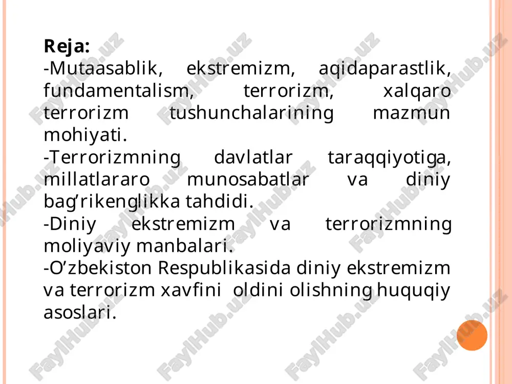 berish diniy ekstremizmga olib keladi. «diniy ekstremizm» – jamiyat uchun an’anaviy bo‘lgan diniy qadriyatlar va aqidalarni rad etish, ularga zid g‘oyalarni aldov va zo‘rlik bilan targ‘ib qilishga asoslangan nazariya va amaliyotni anglatadi. ekstremistik qarashlarni barcha dinlarda, buddizm, xristianlik, islomdagi turli oqimlarda uchratish mumkin. «terror»– (lotincha – «qo‘rqitish», «vahimaga solish») – aholining keng qatlamlarida dahshat va qo‘rquv uyg‘otish, jamiyatda beqarorlik keltirib chiqarish orqali davlat hokimiyatini egallash maqsadiga qaratilgan jinoiy faoliyatdir. terror, terrorchilik faoliyati, terrorchi birgalikda bir butun hodisa sifatida terrorizmni tashkil etadi. hozirgi davrda u global miqyos kasb etib, xalqaro terrorizmshaklini oldi. xalqaro terrorizm-xalqaro terrorizm tushunchasi davlatlar, xalqaro tashkilotlar, siyosiy partiya va harakatlarni beqarorlashtirishga qaratilgan siyosiy qo‘poruvchilik faoliyatini ifodalaydi. u alohida siyosiy arboblarni o‘ldirish yoki ularga qasd qilish orqali xalqaro ijtimoiy-siyosiy aks-sado beradigan buzg‘unchi siyosiy harakatlarni ifodalash uchun ham ishlatiladi. terrorchilik harakatlarining: - xalqaro huquq himoyasidagi ob’ekt yoki sub’ektlarga qarshi qaratilgani; - davlatlar chegaralarini buzish orqali amalga oshirilishi; - a’zolari ikki …
