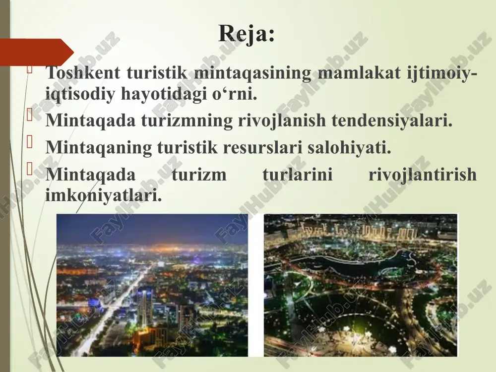 bekiston amaliy san’at muzeyi 30 mingdan ortiq hunarmandchilik mahsulotlari va qimmatbaho taqinchoqlariga ega. undan tashqari xvi asrning ajoyib yodgorligi baroqxon madrasasi, xiv asrga oid ko’kaldosh madrasasi kabi qadimiy arxitektura yodgorliklari va zamonaviy amir temur xiyoboni, mustaqillik maydoni kabi turli bog’ va maydonlar ham turistlarni jalb qiluvchi obyektlardir. mazkur turistik rayonda turizm infratuzilmasi boshqa rayonlarga nisbatan ancha rivojlangan. xususan, toshkent shahri va toshkent viloyati tog’oldi mintaqalaridagi turistik obyektlarda mehmonxona va dam olish maskanlarida turistlarga xizmat ko’rsatish darajasi yildan – yilga yaxshilanmoqda. bu albatta yuqori darajada urbanizasiyalashgan hudud uchun ayniqsa muhimdir. 2.mintaqada turizmning rivojlanish tendensiyalari toshkent shahrini 2007 yil «islom madaniyati poytaxti» deb e’lon qilinishi natijasida poytaxtimizning dovrug’i yanada oshdi vash u bilan birga hukumatimiz tashabbusi bilan ko’pgina qadimiy yodgorliklar qayta ta’mirlanib o’z jozibadorligini yanada oshirdi. bu shundan dalolat beradiki, mazkur turistik rayonda turizmni rivojlanishi istiqbollari yana ham kengayib boradi. 3. mintaqaning turistik resurslari salohiyati. toshkent viloyatiga tashrif buyuruvchi sayyohlar oqimini ko‘paytirish, …