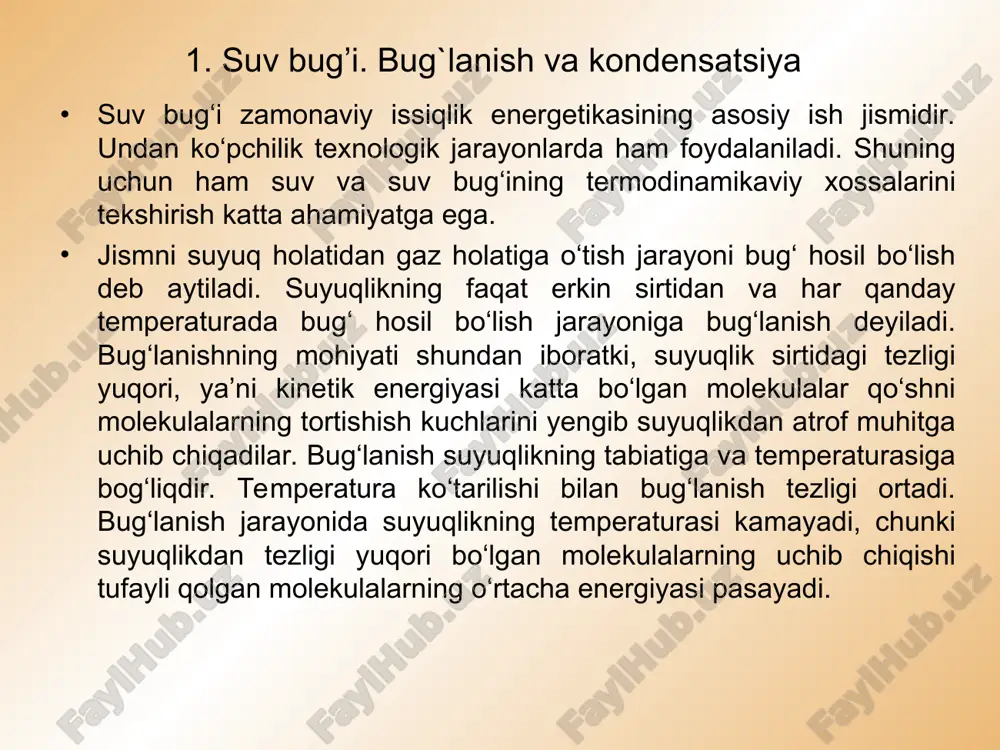 as temperaturada ro‘y beradi. bug‘ning kondensatsiyalanishi natijasida hosil bo‘lgan suyuqlikka kondensat deyiladi. qattiq jismni birdaniga bug‘ holatiga o‘tishi sublimatsiya deyiladi. bug‘ning qattiq holatga o‘tishi esa desublimatsiya deyiladi. 2. to`yingan bug`. quriganlik darajasi. sublimatsiya. suyuqlik sirtidan qancha molekula uchib chiqib gaz holatiga o‘tsa va xuddi shuncha molekula kondensatsiyalanib suyuqlik holatiga qaytsa, bunday hodisa to‘yinish holati deb qabul qilingan, ya’ni bug‘ suv bilan muvozanatda bo‘ladi. suyuqlik bilan dinamik muvozanatdagi bug‘ to‘yingan bug‘ deyiladi. suyuqlikning erkin sirti ustidagi bo‘shliqni to‘yintiradigan bug‘ga nam bug‘ deyiladi. to‘yingan nam bug‘da mayda suv tomchilari bo‘ladi. hosil qilingan nam bug‘ga yana qo‘shimcha issiqlik miqdori uzatilsa, uning tarkibidagi juda mayda suv tomchilari bug‘ holatiga o‘tadi va to‘yingan quruq bug‘ hosil bo‘ladi. nam bug‘dagi quruq to‘yingan bug‘ning massaviy ulushiga bug‘ning quruqlik darajasi deyiladi va x harfi bilan belgilanadi. nam bug‘dagi suyuqlikning massaviy ulushiga namlik darajasi deyiladi va y harfi bilan belgilanadi va y=1-x bo‘lishi tabiiy. to‘yinish temperaturasidagi qaynayotgan suyuqlik uchun …
