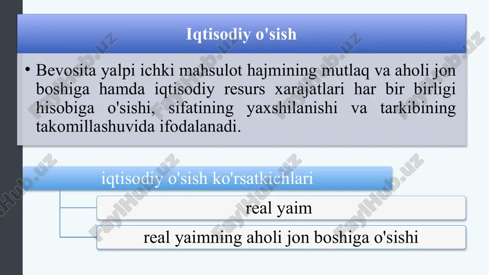 iyalami asosan ikki yo‘nalishga ajratish mumkin. birinchisi, yangi klassik nazariyalar. ulaming nazariyasi bo‘yicha iqtisodiyotga davlat aralashuvi juda ham cheklangan bo‘lishi kerak. m. fridman pul emissiyasini va muomaladagi pul hajmini yiliga eng kamida 3 foizga oshirib borib, talabni kuchaytirish va shu orqali iqtisodiy o‘sishni ta’minlash mum- kinligini ko‘rsatadi. iqtisodiy o‘sish nazariyasining ikkinchi yo‘nalishi j. m. keyns va keynschilar nazariyasi bo‘lib, ular barqaror iqtisodiy o‘sishning muhim omili samarali talabni rivojlantirish va uning tarkibini takomillashtirish zarurligini, buning uchun esa davlat va xususiy investitsiyalaming ishtirokini, davlatning makro darajada iqtisodiyotni tartibga solishda faol ishtirokining zarurligini ko‘rsatadi. 8 biznes siklining bosqichlari biznes sikli tasviri. muallif : sofi haci . taqdim etilgan : xyuston jamoat kolleji. litsenziya : cc by: attribution avval umushilgan cc litsenziyali mazmuni 9 vaqt o'tishi bilan real yaimni kuzatish 1-rasmda 1900 yildan beri aqsh real yaimning ko'rinishi ko'rsatilgan. yaimning umumiy uzoq muddatli o'sish yo'li muntazam ravishda qisqa muddatli pasayish bilan uzilib qolgan. haqiqiy …