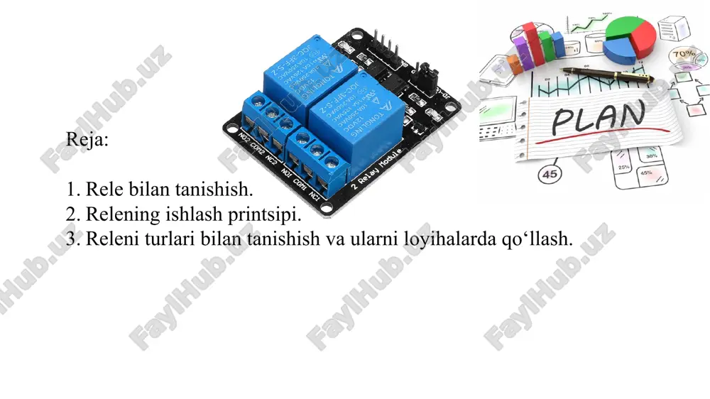 ita asosiy rele guruhini ajratish mumkin: elektromekanik rele (elektromagnit yordamida yoqish) va qattiq holli rele (maxsus yarimo‘tkazgichli komponentlar orqali yoqish). rele o‘ramining o‘zi zaif bo‘lmagan induktiv yuk bo‘lib, u qo‘shimcha muammolarga olib keladi (quyida o‘qing), shuning uchun bizga "yalang‘och" releni nazorat qilish uchun qo‘shimcha kuch va himoya davri kerak bo‘ladi. ushbu darsni o‘rganib chiqqandan so‘ng, siz uni o‘zingiz tuzishingiz mumkin (tranzistor va diod), endi biz o‘rni modullari haqida gaplashamiz: rele o‘zi joylashgan tayyor plata, shuningdek, kontaktlarning zanglashiga olib o‘tish, himoya va optik izolyatsiya. bunday modullar "oila" dir - bortda bir nechta rele bor. buning uchun xitoyliklarga rahmat! bunday rele maxsus mikrokontrollerdan qulay boshqarish uchun qilingan: vcc (vin, 5v) va gnd quvvat pimlari quvvat manbaiga ulangan, keyin esa rele in piniga qo‘llaniladigan mantiqiy signal yordamida boshqariladi. boshqa tomondan, simlarni ulash uchun terminal bloki mavjud, odatda kontaktlar no, nc va com sifatida imzolanadi. bu tugmalar, kalitlar va rele pinlarining umumiy nomlari: com …
