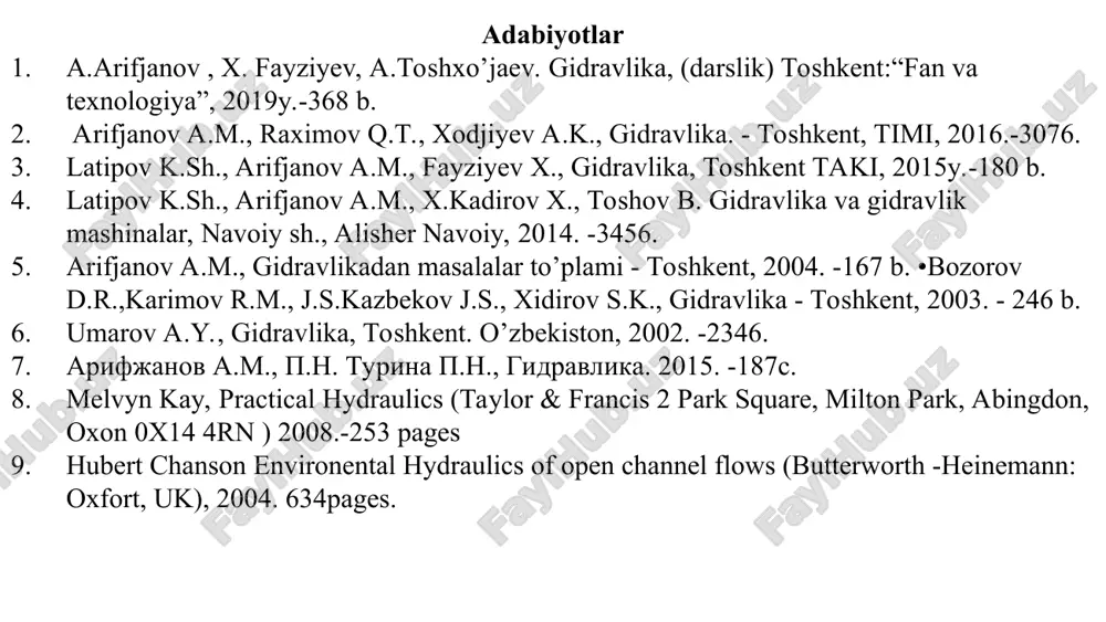 arbyuratorga benzin o`tkazuvshi quvurni avtotraktor va boshqa qurilmalar dvigatelarining moy o`tkazuvchi quvurlarini, gidrouzatmalardagi tutashtiruvshi quvurlar va hokazolarni keltirish mumkin. oddiy quvurlar deb, tarmoqlanmagan va bir xil diametrli quvurlardan tashkil topgan quvurlarga aytiladi. agar quvur uzunligi bo'yicha yo'qolgan napor mahalliy napor yo'qolishlaridan bir necha marta katta bo'lsa, bunday o'tkazgich quvurlar gidravlik uzun quvurlar deyiladi. uzun bosimli quvurlarni hisoblash asosini tekis xarakat tenglamasi tashkil etadi. bu yerda gidravlik nishablik bu erda shezi koeffitsiyenti k- sarf moduli r - gidravlik radius, n-g`adir budurlik koeff. sarf moduli bunda k – kattalik gidravlik nishablik birga teng bo'lgandagi oqimning qaraladigan jonli kesimdan oqib o'tadigan suyuqlik sarfini bildiradi va sarf moduli (xarakteristikasi) deyiladi ansha uzoq masofaga sho`zilgan va gidravlik qarshiliklarda majmuida asosiy qismni ishqalanish qarshiligi tashkil qilgan quvurlar uzun quvurlar deb ataladi. bunday quvurlarda mahalliy qarshiliklar alohida hisoblanmaydi va ishqalanish qarshiligining 5 – 10% iga teng deb qabul qilinadi. quvurlar ishlash sxemasiga qarab ikki turga bo`linadi sodda …