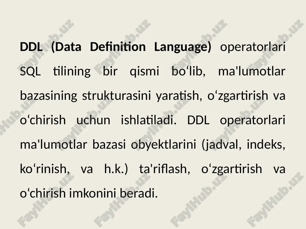 drop table table_name; ddl (data definition language) operatorlari: 4. truncate bu operator jadvaldagi barcha ma'lumotlarni o‘chirish uchun ishlatiladi, lekin jadvalning o‘zi saqlanadi. truncate operatsiyasi, ayniqsa, katta hajmdagi ma'lumotlarni tez o‘chirish uchun ishlatiladi. truncate table employees; truncate table table_name; ddl (data definition language) operatorlari: 5. rename bu operator jadval yoki ustunning nomini o‘zgartirish uchun ishlatiladi. rename table employees to staff; rename table old_table_name to new_table_name; commit va rollback buyruqlari sql tilida ma'lumotlar bazasidagi tranzaksiyalarni boshqarish uchun ishlatiladi. ular ma'lumotlar bazasi ustida amalga oshirilgan o‘zgarishlarning yakuniy holatini belgilashda muhim ahamiyatga ega. commit buyrug‘i tranzaksiyani yakunlab, uning davomida amalga oshirilgan o‘zgarishlarni ma'lumotlar bazasiga doimiy saqlash uchun ishlatiladi. bu buyruqdan so‘ng, barcha o‘zgarishlar saqlanadi va ular qaytarib olinmaydi. begin transaction; update employees set salary = salary * 1.1 where department = 'it'; commit; it bo‘limi xodimlarining maoshi 10% ga oshiriladi va commit bajarilgandan so‘ng o‘zgarishlar doimiy saqlanadi. rollback buyrug‘i tranzaksiyani bekor qilib, uning davomida …