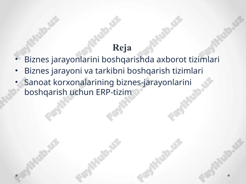 i boshqarish tizimini joriy etishning afzalliklari. bpm echimlarining asosiy xususiyatlari shundaki, ular quyidagilarga imkon beradi: "end-end" biznes-jarayonlarini moslashuvchan avtomatlashtirishni ta'minlash; korxonaning tashkiliy bo'linmalari ishini tashkil etishda texnologik yondashuvni joriy etish uchun asos yaratadi; real vaqt rejimida biznes-jarayonlarni amalga oshirish ustidan samarali nazoratni tashkil etishga imkon beradi; turli bo'limlar va sheriklar o'rtasidagi o'zaro hamkorlik xarajatlarini kamaytirish; korxona va sheriklarning turli xil biznes-ilovalari o'rtasida "muammosiz" integratsiyani ta'minlash; yangi echimlar va biznes funktsiyalarini amalga oshirish muddatini qisqartirishga imkon beradi; kompaniyaning axborot tizimlariga kiritilgan investitsiyalarning daromadliligini oshirish. 6 menejment - bu odamlarga va iqtisodiy ob'yektlarga, ularning harakatlarini yo'naltirish va kerakli natijalarni olish uchun amalga oshiriladigan maqsadli axborot ta'siridir. har qanday boshqaruv, shu jumladan biznes-jarayonlarni boshqarish quyidagi printsiplarga asoslanishi kerak: 1. to'g'ri ritm (ritm) printsipi, uning mohiyati teng miqdordagi mahsulotlarning muayyan vaqt ichida chiqarilishini ta'minlash va shunga mos ravishda biznes-jarayonning barcha bosqichlarida aniq takrorlanishidir. 2. yagona standartlar printsipi (standartlashtirish). ham kontragentlardan sotib olingan tovarlarga, ham …