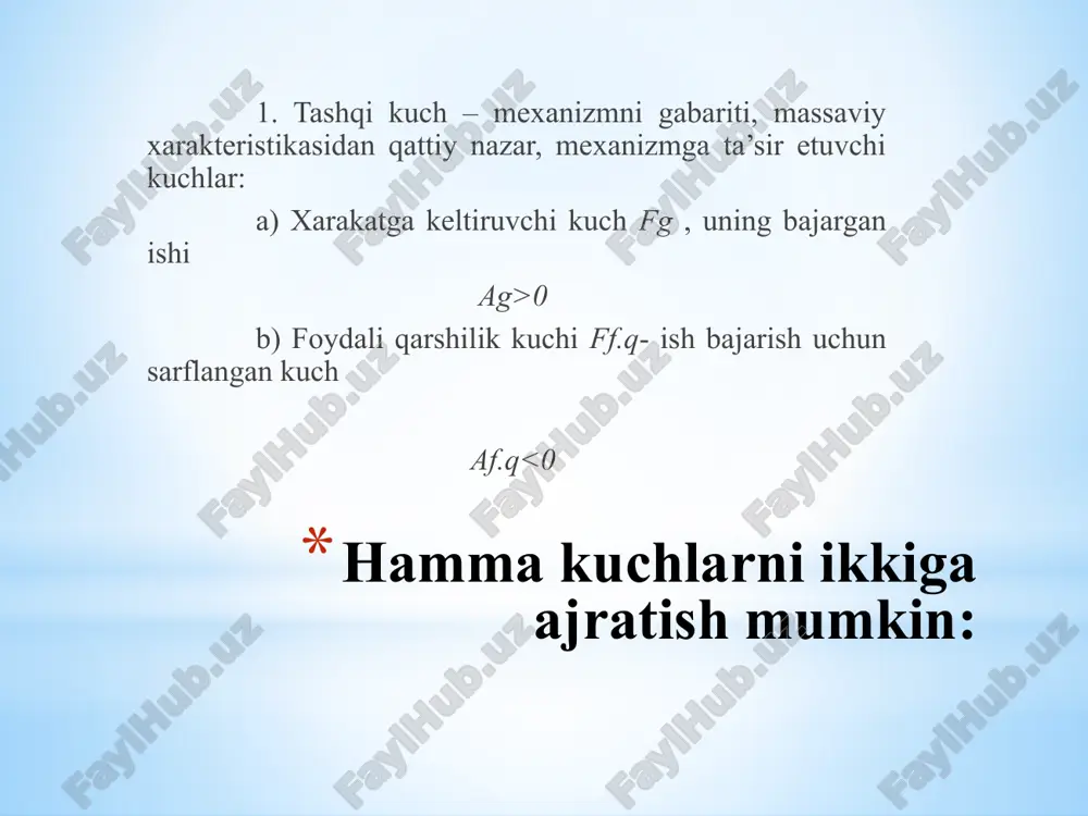 nishiga qarab reaksiya kuchlarini yo‘nalishini aniqlab olish maqsadga muvofiqdir. har bir 5-klass kinematik juftda ikkita noma’lumni topish kerak. (13.1-rasm): - aylanma kinematik juftlarda (13.1,a-rasm) asosiy reaksiya kuchini qo‘yilgan nuqtasi ma’lum, lekin uni kattaligi va yo‘nalishi noma’lum. - ilgarlanma kinematik juftda (13.1,b-rasm) kuchni ta’sir chizig‘i ma’lum. ya’ni yo‘nalishga perpendikulyar, lekin kattaligi va ta’sir nuqtasi noma’lum. - 4-klass kinematik juftda (13.2-rasm) bitta noma’lum kuch bor, uning yo‘nalishi va ta’sir nuqtasi ma’lum. 13.1-rasm 13.2-rasm 13.3-rasm demak tekis mexanizmlarda assur guruxlari 3n=2p5-p4 bo‘lganligi sababli statik aniq masala xosil bo‘ladi va to‘la mexanizm uchun oxirgi assur guruxidan boshlab navbat bilan to‘la sistema kinetostatik xisob qilinadi va muvozanatlovchi kuch topiladi. image1.png image2.png image3.png /docprops/thumbnail.jpeg