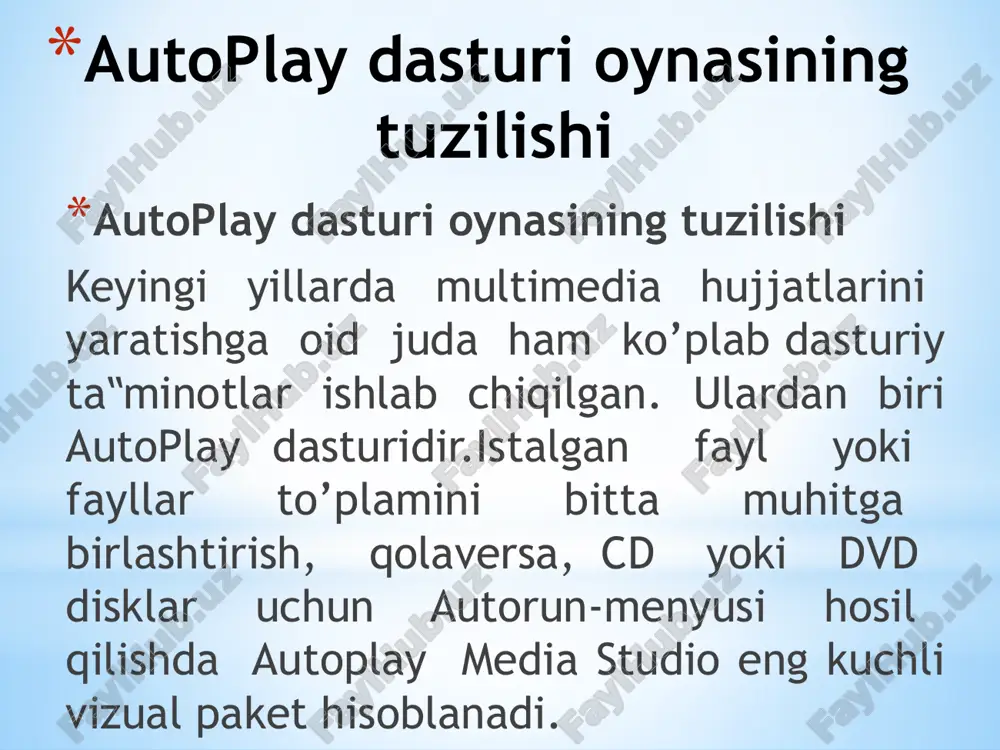 yalanuvchi menyuni, kataloglar daraxtini, ma’lumotlar bazasini va shunga o’xshash obyektlarni nafaqat tez yaratish, balki ularni boshqarish ham mumkin. avtomatik ishga tushuvchi oynalarni o’zining kutubxonasidagi “niqob”lardan foydalangan holda ixtiyoriy shaklda (formada) yaratish mumkin. bunday “niqob” sifatida .jpg, .bmp va .png kabi formatdagi fayllardan foydalanilsa ham bo’ladi. qolaversa, ma’lumotlarni cd uchun tayyorlagan holda uni dasturning o’zidan turib, cd yoki dvdga yoza olishi autoplay media studio dasturi naqadar keng imkoniyatlarga ega ekanligini ko’rsatadi. tayyor loyiha bunda .exe kengaytmali fayl sifatida o’zi ochiluvchi arxiv ko’rinishda yoki qattiq diskdagi alohida papkada shakllantirilishi mumkin. bundan tashqari, dasturga matnni orfografik tekshirish imkoniyati ham kiritilgan. dasturning bu xossasi uning label, paragraph va button kabi obyektlari bilan birga ishlaydi. agar dastur kompyuterga to’liq versiya bilan o’rnatilgan bo’lsa, matnni orfografik tekshirish uchun uning kutubxonasida juda katta hajmdagi lug’atlar bo’lishi mumkin. shunday qilib, autoplay media studio 7.0 ning yangi versiyasi quyidagi imkoniyatlarga ega holda iste’molga chiqarilgan : 1. avtomatik ishga tushuvchi …