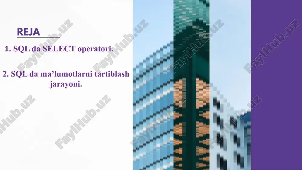 lect column1, column2, ... from table_name order by column1, column2, ... 8 order by kalit so'zi yozuvlarni odatda o'sish tartibida tartiblaydi. yozuvlarni kamayish tartibida saralash uchun desckalit so'zdan foydalaniladi. misol mahsulotlarni eng yuqori narxdan eng past narxga saralash: select * from products order by price desc; 9 satr qiymatlari uchun order by kalit so'zi alifbo tartibida tartiblanadi. misol: mahsulotlarni productname bo'yicha alifbo tartibida tartiblang: select * from products order by productname; jadvalni alifbo tartibida teskari saralash uchun descquyidagi kalit so'zdan foydalaning: misol mahsulotlarni mahsulot nomi bo'yicha teskari tartibda tartiblang: select * from products order by productname desc; 10 jadvalning bir nechta ustunlarini alifbo bo’yicha tartiblash. quyidagi sql bayonoti "mamlakat" va "mijoz nomi" ustuni bo'yicha tartiblangan "mijozlar" jadvalidan barcha mijozlarni tanlaydi. bu mamlakat bo'yicha buyurtma berishini anglatadi, lekin agar ba'zi qatorlar bir xil davlatga ega bo'lsa, ularni customername bo'yicha buyurtma qiladi: misol select * from customers order by country, customername; 11 …