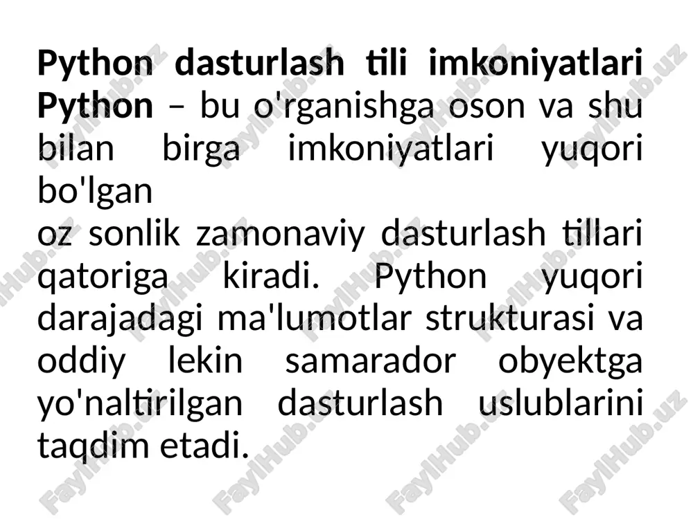 ‘rsatma bilan bir satrda ham joylashishi mumkin. if x > y: print(x) kalit so`zlar false – yolg`on. true - rost. none - “bo`sh” obyekt. and – mantiqiy va amali. with / as – konteks menejeri. break –tsikldan chiqish. class – metod va atributlarda iborat. continue – tsikldan keyingi iteratsiyaga o`tish. def – funksiyani aniqlash. del – obyektni yo`qotish. elif – aks holda, agar. else – for/else yoki if/elsega qarang. for – for tsikli. from – moduldan bir nechta funksiyani import qilish. if - agar. import – moduldan import. is –xotirani bitta joyida 2 ta obyektni jo`natsa bo`ladimi. lambda –yashirin funksiyani aniqlash. not –mantiqiy inkor amali. or –mantiqiy yoki amali. while – while tsikli. kommentariy kommentariy # simvolidan keyin yoziladi va dastur kodini o'qiyotgan dasturchi uchun eslatma bo'lib xizmat qiladi. misol uchun: print('salom dunyo!') # print — bu funksiya yoki: # print — bu funksiya print('salom dunyo! ') komentariy dastur kodini …