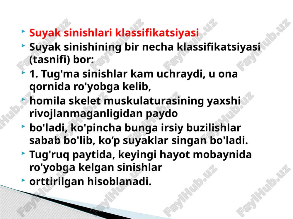 ishi yoki siniqlar o'z joyini o'zgartirishi (≪dislokatsiya≫) travma paytida uning kuchi ortiqligi, spastik qisqargan mushaklar yoki suyaklarning og'irligi ta ’sirida ro'yobga keladi (suyak siniqlari siljiganda siljib ketgan suyak sinishi, agar suyak siniqlari o'z joyida qolsa, dislokatsiyasiz - siljimagan sinish deyiladi. suyak siniqlarining quyidagi siljishlari kuzatiladi: 1. uzunasiga siljish. 2. yon tomonga siljish. 3. burchak hosil qilib siljish. 4. siniq qismlarining o'z o'qi atrofida aylanishi natijasida kelib chiquvchi periferik (rotatsion) siljish. ko‘ndalang sinish qiyshiq sinish vintsimon sinish parchalanib sinish yakka sinish ko‘plab sinish 10. sinishlar klinik kechishi bo‘icha oddiy sinish asoratlangan aralash shikast (politravma) murakkab sinish oddiy sinish murakkab sinish (sinish va chiqish) sinish klinikasi. klinik belgilari mahalliy va umumiy bo'ladi. umumiy belgilaridan ko'pincha travmatik shok, zararlangan to'qimalarning yemirilishi natijasida organizmda zaharlanish belgilari ro'yobga kelishi mumkin. ularning ta’siri hayotiy a ’zolar funksiyasiga salbiy ta ’sir qiladi. mahalliy belgilari aniq bo'lganligi uchun diagnoz qo'yish tezlashadi. ular og'riq, deformatsiya, a ’zo funksiyasining buzilishi, …