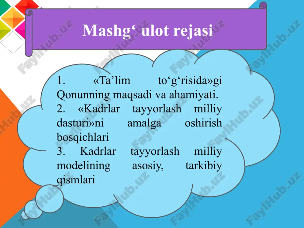 tayyorlash milliy dasturi»ni amalga oshirish bosqichlari. birinchi bosqich (1997–2001-yillar) mavjud kadrlar tayyorlash tizimining ijobiy salohiyatini saqlab qolish asosida ushbu tizimni isloh qilish va rivojlantirish uchun huquqiy, kadrlar jihatidan, ilmiy-uslubiy, moliyaviy shart-sharoitlarni yaratish ikkinchi bosqich (2001–2005-yillar) milliy dasturni to‘liq ro‘yobga chiqarish, mehnat bozorining rivojlanishi va real ijtimoiy-iqtisodiy sharoitlarni hisobga olgan holda unga aniqliklar kiritish. uchinchi bosqich (2005 va undan keyingi yillar) to‘plangan tajribani tahlil etish va umumlashtirish asosida, mamlakatni ijtimoiy-iqtisodiy rivojlantirish istiqbollariga muvofiq kadrlar tayyorlash tizimini takomillashtirish va yanada rivojlantirish. shaxs ishlab chiqarish uzluksiz ta’lim fan davlat va jamiyat kadrlar tayyorlash milliy modelining tarkibiy qismlari 1-topshiriq. “ta’lim to‘g‘risida”gi qonun va kadrlar tayyorlash milliy dasturining o‘z davridagi ahamiyati ni o‘rganishga doir topshiriqlar 1.«ta’lim to‘g‘risida»gi va «kadrlar tayyorlash milliy dastur» to‘g‘risida qonunlari qachon qabul qilindi? 2. «ta’lim to‘g‘risida»gi qonun nechta moddadan iborat edi? 3. ta’lim tizimi va turlari haqida ma’lumot bering. 4. ta’lim tizimini boshqarish qanday amalga oshiriladi? 5. «kadrlar tayyorlash milliy dasturi»ning …