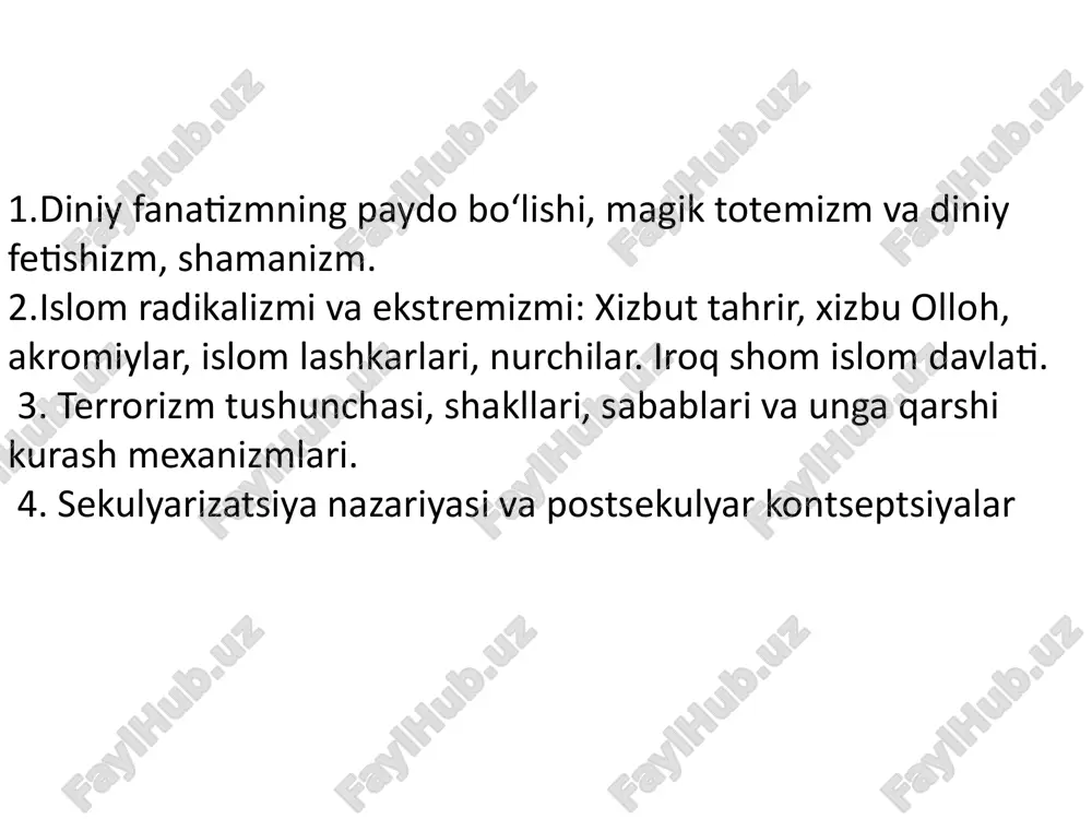 lish va unga qarshi kurashish insoniyatning istiqboliga daxldor masalaga aylandi. ekstremizm (lotincha – «aql bovar qilmas darajada», «haddan oshish») jamiyatda qabul qilingan qonun-qoidalarga zid radikal qarashlar va harakatlarni anglatadi. ularga diniy tus berish esa, diniy ekstremizmga olib keladi. diniy ekstremizm – jamiyat uchun an'anaviy bo'lgan diniy qadriyatlar va aqidalarni rad etish, ularga zid g'oyalarni aldov va zo'rlik bilan targ'ib qilishga asoslangan nazariya va amaliyotni anglatadi. diniy mutaassiblik (fanatizm), ekstremizm, aqidaparastlik (fundamentalizm), xalqaro terrorizm tushunchaparining mazmuni va reaksion mohiyati. «fundamentalizm» atamasi aslida xristian dini bilan bog'liqdir. fundamentalizm iborasi birinchi bor i jahon urushi arafasida vujudga kelgan protestantlikdagi ortodoksal oqimlarni ifodalash uchun ishlatilgan. bu oqim 1910 yildan keyin shu nom bilan atala boshlagan. fundamentalistlar xristianlikning an'anaviy aqidalariga, ayniqsa bibliyaning mutlaqo mukammalligiga ishonishni mustahkamlash, uni so'zma-so'z sharhlashga qat'iy rioya qilishni talab qildilar. bu oqim keyinchalik amerikada keng tarqalib ketdi. 1919 yili filadelfiyada jahon xristian fundamentalistlari assotsiatsiyasiga asos solindi. xx asrning 70-yillaridan boshlab, bu …