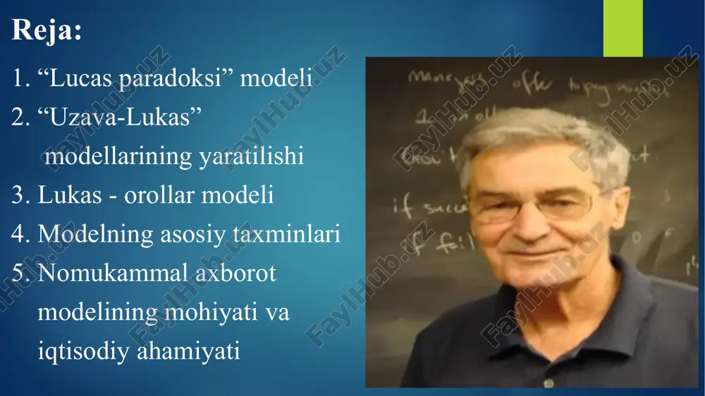 chi ko'plab rivojlanayotgan mamlakatlarda investitsiyalarning kutilayotgan rentabelligi yuqori bo'lishi mumkin bo'lsa-da, ushbu kutilayotgan daromadlar bilan bog'liq bo'lgan noaniqlik darajasi yuqori bo'lganligi sababli u erda oqim bo'lmaydi. udzawa - lukas modeli udzawa -lukas modeli ( lukas modeli ingliz uzava - lukas model ) - ikki sektorli model mukammal raqobat sharoitida endogen iqtisodiy o'sish , ta'lim sohasida shaxsiylashtirilgan inson kapitalini to'plashdan tashqi ta'sirlar tufayli barqaror iqtisodiy o'sish imkoniyatini ko'rsatadi . model iqtisodiy agentlarning ta'lim darajasi to'g'risidagi qarorlari ilmiy-texnika taraqqiyoti bilan bir qatorda barqaror iqtisodiy o'sish manbai bo'lishi mumkinligini ko'rsatadi . uzava -lukas modeli inson kapitali va uning tashqi ta'sirini o'rganishga qo'shilgan hissadir . modelning asl nusxasi xirofumi tomonidan ishlab chiqilgan 1965 yilda udzawa , keyinchalik robert lukas tomonidan 1988 yilda sezilarli darajada kengaytirildi. xirofumi udzava yaratilish tarixi iqtisodiyot bo'yicha bo'lajak nobel mukofoti sovrindori robert lukas boshqacha talqinni taklif qildi: uning fikricha, tashqi omillar inson kapitalidan kelib chiqqan. xirofumining modeliga asoslangan udzawa , …