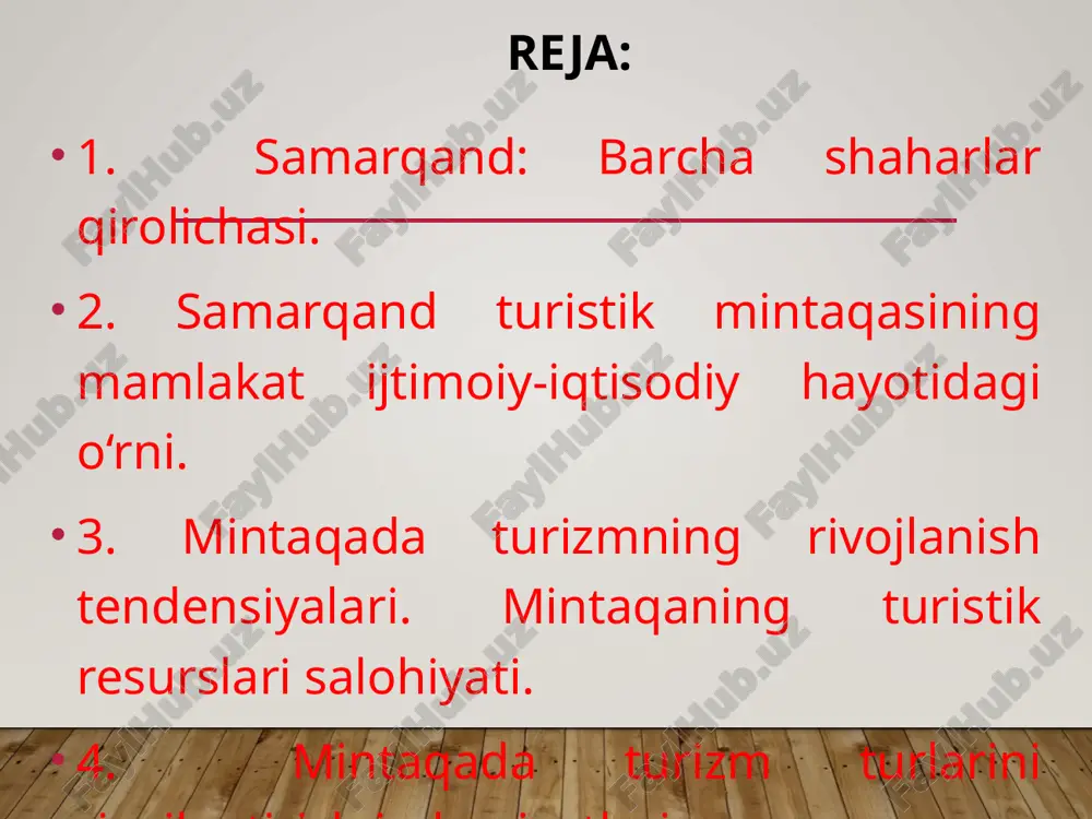 axlit sayyohlik majmuasi (kompleksi) hisoblanadi. viloyatning tog’, tog’ oldi hududlarida mavjud bo’lgan beqiyos shifobaxsh, tibbiyot va boshqa sohalarda keng ko’lamda foydalanadigan chashma va buloq suvlari o’zining ekologik jihatdan tozaligi, xilma-xil kimyoviy elemerntlarga boyligi bilan alohida ajralib turadi. ular aholi sog’ligini tiklash, sog’lomlashtirish, dam olish uchun qo’lay imkoniyatlarni yaratadi va mintaqamizda rekreasiya (sog’lomlashtirish, hordiq chiqarish) turizmning ahamiyatini oshiradi. bunday tabiiy maskanlar viloyatimizning urgut, samarqand, nurobod, qo’shrobod va boshqa tumanlari tog’, toqoldi hududlarida tarqalgan bo’lib, ulardan turizm maqsadida foydalanish muhim ahamiyatga ega bo’ladi. 2. samarqand turistik mintaqasining mamlakat ijtimoiy-iqtisodiy hayotidagi o‘rni samarqand turistik mintaqasi o’zining go’zal tabiati, o’simlik va hayvonat dunyosi bilan ham mamlakatimizning boshqa mintaqalaridan alohida ajralib turadi. viloyatimizga tashrif buyuradigan sayyohlarni tarixiy arxitektura-qurilish inshoatlari, qadimiy obidalardan tashqari ming yillik tarixga ega bo’lgan chinorlar va boshqa yashil daraxtlar beqiyos ko’pdir. viloyatning tog’, tog’oldi hududida joylashgan omonqo’ton o’rmonzorlarida (maydoni 2188 ga) o’ziga xos tabiiy landshaft shakllari vujudga kelgan. omonqo’ton hududining iqlimi va …