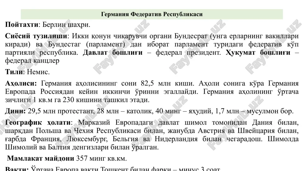 ntar ta'lim: maktab ta'limining 1-bosqichiga tegishli bo'lib, maktabgacha muassasalar kiradi. asosan bular bolalar bog'chalari, tayyorlov sinflari va kirish guruhlari bo'lib, bu erlarga bolalarning qatnashishi 3 yil davomida ota-onalar xohishiga ko'ra ixtiyoriydir 2. ta'limning birinchi bosqichi. (primastufe) boshlang'ich maktab, unga 6 yoshdan qatnay boshlaydi. o'qish muddati 4 yil, berlin va brandenburgda 6 yil. bu bosqichdagi ta'limning maqsadi – bolalarga ta'limning ikkinchi bosqichidagi u yoki bu maktabda ta'limni davom ettirishga imkon beruvchi asosiy bilimlarni berishdan iborat. 3.ta'limning ikkinchi bosqichi (sekundastufe i) “yo'nalishli bosqich” deb nomlanuvchi bosqichdir, unda bolalarni ularning iqtidoriga ko'ra o'quv muassasalarining kerakli turiga yo'naltiradi: asosiy maktablar, real maktablar, gimnaziyalar, kompleks maktablar. o'quvchilar ta'lim haqidagi attestatni real va asosiy maktablarni bitirgachgina olishadi 4. ta'limning ikkinchi bosqichi (sekundastufe ii)ga gimnaziyaning yuqori sinflari, shuningdek kasbiy ta'lim va muassasalarda kasbiy ta'lim kiradi. muassasalarda kasbiy ta'lim “dual tizim” deb ham ataladi germaniyada maktab ta'limi majburiy va bepul. 6 yoshdan 18 yoshgacha fuqarolar majburiy tartibda ta'lim …