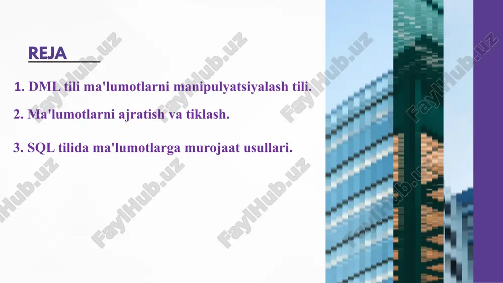 anadigan va 'a' harfi bilan tugaydigan hamma qiymatlarni topadi. masalan, quyidagi jadvaldan bosh harfi 'a' bo'lgan ismlarga ega qatorlarni chop etamiz. select * from xaridorlar where xaridorismi like '%a'; 8 in operatori in operatori where operatorida bir nechta ustunlarni aniqlashtirish uchun ishlatiladi. in operatori bir nechta or shartlarining qisqacha shakli hisoblanadi. in operatorining 2 xil sintaksisi mavjud: select ustun_nom(lar)i from jadval_nomi where ustun_nomi in (qiymat1, qiymat2, ...); select ustun_nom(lar)i from jadval_nomi where ustun_nomi in (select ifoda); 9 keling, yuqoridagi jadvaldan yoshi 25 yoki 23 yoki 18 bo'lgan xaridorlarni topamiz. select * from xaridorlar where xaridoryoshi in (25, 23, 18); 10 between operatori between operatori berilgan oraliqdagi qiymatlarni tanlash uchun ishlatiladi. qiymatlar son, satr yoki sana-vaqt bo'lishi mumkin. sintaksisi quyidagicha: select ustun_nom(lar)i from jadval_nomi where ustun_nomi between qiymat1 and qiymat2; 11 endi bir nechta oddiy va murakkab so'rovlar yozamiz. ﻿select * from xaridorlar where xaridoryoshi between 25 and 30; ﻿select * …