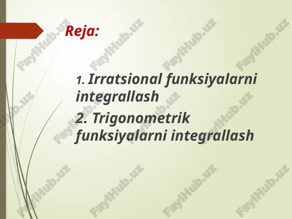 sh ; ; ko’rinishidagi integrallarda formulalar yordamida ko’paytmani yig’indiga keltiriladi. ko’rinishidagi integrallarda belgilashlar kiritilib, integral ostidagi funksiyani integrallash mumkin bo’lgan ratsional funksiya ko’rinishiga keltiriladi. e'tiboringiz uchun raxmat!  + 998 71 237 0986 14 image1.png image2.png image3.wmf image4.wmf oleobject1.bin oleobject2.bin image6.wmf image5.wmf oleobject4.bin oleobject5.bin image7.png image8.png image8.wmf image9.wmf image9.png oleobject6.bin oleobject7.bin image10.wmf image11.wmf oleobject8.bin oleobject9.bin image12.wmf image13.wmf oleobject10.bin oleobject11.bin image16.png image14.png image18.png image19.png ò dx x x x r s r n m ) ,..., , ( s r n m ,..., k t d cx b ax = + + ò ú ú û ù ê ê ë é ÷ ø ö ç è æ + + ÷ ø ö ç è æ + + dx d cx b ax d cx b ax x r s r n m ......... , ò dx x x r ) cos , (sin t tg x = 2 . 1 2 …