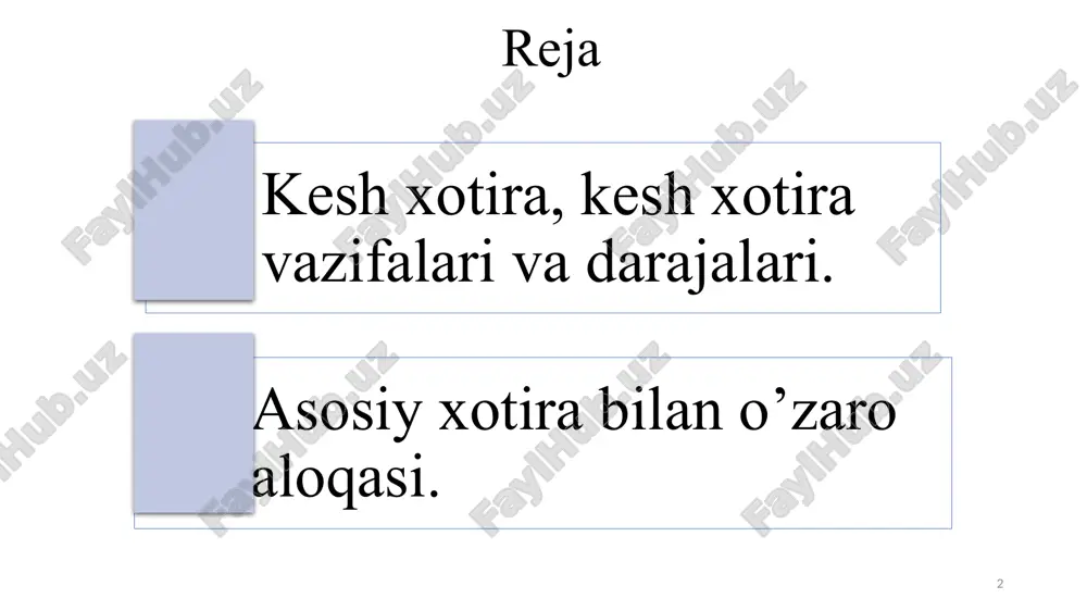 eslashlarini qamrab oladi, lekin tezkor xotiradan farqli ravishda, u dasturchi uchun ko’rinmaydi va yo’naltirilmagan. kesh-xotirani qurish sxemasi kesh-xotira vaqt va makondagi havolalar lokalligi tamoili bo’yicha qurilgan. kesh-kontroller (nazoratchi) tx dan ma’lumotlar va dasturiy kodlarning nusxalarini, o’lchami bitta o’qish sikliga teng bo’lgan blokni kesh-xotiraga yuklaydi. protsessor kesh-xotiradan so’zlar bo’yicha o’qiydi. kesh-controller protsessorning tezkor xotiraga so’rovlarini to’xtatadi va kesh-xotirada ma’lumotlarning haqiqiy nusxasi mavjudligini tekshiradi. 6 kesh-xotira tuzilishi 7 buyruqlar va ma’lumotlarni qanday saqlanishiga qarab kesh-xotiraning ikki xil turi mavjud. buyruqlar ham, ma’lumotlar ham birgalikda saqlanadigan kesh-xotira birlashtirilgan kesh-xotira deb ataladi (rus tilida - ob'edinennaya kesh-pamyat). buyruqlar alohida, ma’lumotlar alohida saqlanadigan kesh-xotira esa alohida ajratilgan kesh-xotira deb ataladi (rus tilida - razdelennaya kesh-pamyat). hozirgi kompyuterlarda ko‘proq alohida ajratilgan kesh-xotiradan foydalanilmoqda. kesh-xotirani qo‘llashning – bir, ikki va uch sathli variantlari mavjud. 2-rasmda uch sathli kesh-xotiraga ega bo‘lgan tizim keltirilgan. 8 birinchi sath kesh-xotirasi (l1) markaziy protsessor ichida joylashgan bo‘lib, u buyruqlar uchun (l1-i) va …