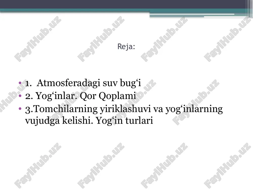 kattaliklar bilan aniqlanadi. 1. suv bug‘ining parsial bosimi (elastikligi) e deb – berilgan haroratda havo tarkibidagi suv bug‘ining faqat o‘zi, havo hajmiga teng hajmni egallaganida hosil qiladigan bosimiga aytiladi. suv bug‘ining parsial bosimi oldin aytganimizdek gpa birlikda o‘lchanadi. 2. to‘yingan suv bug‘ining bosimi e – berilgan haroratda suv bug‘ining mumkin bo‘lgan eng katta parsial bosimi (elastikligi) dan iborat va u ham gpa birlikda ifodalanadi. 3. absolyut namlik  deb – havoning hajm birligidagi suv bug‘ining massasiga aytiladi. havoning absolyut namligi g/m3 birlikda ifodalanadi. absolyut namlik  bilan suv bug‘ining parsial bosimi e orasida quyidagicha munosabat mavjud: 4. havoning nisbiy namligi  deb – mazkur haroratdagi suv bug‘i parsial bosimi e ning xuddi shu haroratdagi to‘yingan bug‘ bosimi e ga nisbatiga aytiladi va foiz hisobida quyidagicha ifodalanadi: quruq havoda e = 0 bo‘lganidan  = 0 ga teng, agar e = e bo‘lsa  = 100% bo‘ladi. demak, havo suv bug‘iga …