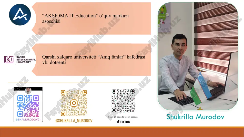 ar sonini va uchrashuv vaqtini ko'paytiring, so'rovnomalarni o'tkazing va boshqalar. 7 zoom-ni sozlash va undan foydalanish video ko'rsatmalar youtube videolari bilan eng qulay tajribani sozlang. sozlamalar audio, video, fon va xavfsizlik sozlamalarini boshqaring. fonlar virtual fon sozlamalarini tanlang va maqsadlaringiz uchun optimal dizaynni tanlang. 8 ekran xususiyatlari 1 hujjatlarni hamkorlikda tahrirlash onedrive, dropbox, google drive va boshqalardan foydalanib, real vaqtda qog‘oz ishlarini yarating, tahrirlang va almashing. 2 jamoaviy ish ovozli xabarlar orqali hamkasblar bilan hamkorlik qiling, ma'lumot almashing va fikr almashing. 3 hujjat imkoniyatlari seans davomida hujjatlarni optimallashtiring, taqdimotlar yarating, video va audio yozuvlarni o'ynang. 9 audio va video sozlamalari audio ovoz darajasini sozlash exo effekti va fon shovqinini olib tashlang yozuvning transkripsiyasini yaratish qobiliyati video tasvir sifatini sozlash kamerani yoqish/o'chirish videoga ruxsat sozlamalari (har bir slayd-shouda 49 tagacha) 10 umumiy savollar va javoblar savol: zoom uchrashuvlarini o'tkazishning eng yaxshi usuli qanday? javob: tadbir davomida yuzaga kelishi mumkin bo'lgan to'siqlarni …