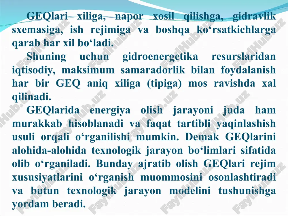 zanda joylashgan kgeslarning napori kichik qiymatlarda (15 metrgacha) bo’ladi va kges binosi yuqori be’fdagi suv bosimini o’ziga qabul qiladi, ya’ni bino to’g’on vazifasini ham o’taydi. kgeslar o’zanda joylashganda daryo o’zani tor va chuqur bo’lsa, gidroinshootlar ges binosi va suv tushar to’g’ondan iborat bo’ladi. bunday kgeslarning napori 1,5 metrdan 10 metrgacha bo’lishi mumkin. tor va chuqur bo’lgan daryo o’zanida joylashgan kges sxemasi 1 - kges binosi; 2 - suv tushar to’g’on; 3 - yuqori be’f; 4 - quyi be’f; 5 – avtoyo’l. agar daryo o’zani keng bo’lsa inshootlar tarkibida suv tushmaydigan yopiq to’g’on ham bo’ladi, kema qatnovi bo’lishi mumkin bo’lgan daryolarda shlyuzlar ham ko’yiladi. bunday kgeslarning yuqori be’fida kichik suv ombori ham yuzaga keladi. o’zanda joylashgan kgeslarning napori kichik bo’lganligi uchun ularni daryo bo’ylab ko’plab o’rnatish mumkin. misol qilib chirchiq – bo’zsuv geslar kaskadini keltirish mumkin. ushbu kaskadning bo’zsuv daryosi qismida 16 ta ges joylashgan. keng daryo o’zanida joylashgan kges sxemasi …
