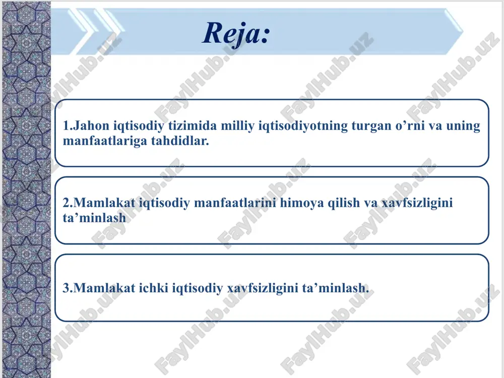 zlikka bo’lgan ehtiyojni paydo qiladi. aslini olganda, iqtisodiy xavfsizlik ham qaysidir ma’noda mamlakat xavfsizligining bir bo’lagi hisoblanadi. jahon iqtisodiy tizimida milliy iqtisodiyotning turgan o’rni va uning manfaatlariga tahdidlar. milliy iqtisodiyot, xalqaro mehnat taqsimotiga ko’ra, ixtisoslashuvi, o’zining foydali qazilma boyliklari, geografik joylashuvi, fan-texnika taraqqiyoti, ijtimoiy-iqtisodiy rivojlanish darajasi, xalqaro savdo, xalqaro iqtisodiy faoliyatining faolligiga muvofiq jahon iqtisodiy tizimida o’ziga xos o’rinni egallaydi. jahon iqtisodiyotiga integratsiyalashish uchun milliy iqtisodiyot xalqaro hamkorlikka ochiq bo’lishi, ya’ni ochiq iqtisodiyot tavsifiga ega bo’lishi lozim. ochiq iqtisodiyotning xususiyatlari va potensial imkoniyatlarini quyidagicha tavsiflash mumkin: o’tish davrini o’z boshidan kechirayotgan mamlakatda bozor mexanizmi va unsurlari raqobat muhiti shakllanishining jadallashuvi; jahon xo’jaligi bilan o’zaro aloqada milliy iqtisodiyot an’anaviy tovar ayirboshlashdan tashqari, kapitalni chetga chiqarish va chetdan kiritish, ilmiy-texnikaning kooperatsiyalashuvi, ishlab chiqarish integratsiyasi kabi shakllarda integrallashadi; xalqaro resurslar aylanmasi va uning samaradorligini oshirishga asoslangan holda ichki ishlab chiqarish hajmlariga nisabatan milliy daromadning o’sishi; xalqaro ayirboshlashning mutanosib iqtisodiy o’sish omili sifatidagi rolining …