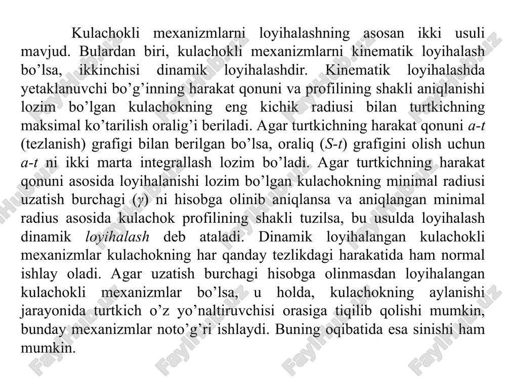 na chizib, uni teng (8, 12, 16, 26) bo’laklarga bo’lamiz s-t grafigi abstsissasidagi t oraliqni ham xuddi shuncha teng bo’laklarga bo’lamiz. s-t grafigidagi abstsissalar o’qini kulachokning minimal radius r0 li aylanasiga urinma qilib o’tkazamiz va shu grafik ordinatalarini kulachok turtkichiga proektsiyalaymiz, undagi tegishli nuqtalarni minimal radius r0 li aylana radiuslarining davomiga proektsiyalab, shu nuqtalarni o’zaro tutashtirsak, kulachok profili hosil bo’ladi. 16.1b-rasmda s-t grafigini qanoatlantiruvchi r0 asosida loyihalangan aksial kulachokli mexanizm ko’rsatilgan. 16.1-rasm a b kulachokli mexanizmni kinematik loyihalangandagi kulachokni minimal radiusi r0 ning qiymati mexanizmni dinamika nuqtai nazaridan loyihalanganda mutlaqo yaroqsiz bo’lishi mumkin. chunonchi turtkich va kulachok orasida vujudga kelgan ishqalanish kuchi kulachok sirtining ma’lum bir qismida xaddan tashqari ortib ketishi, xatto turtkich bilan kulachok o’zaro qadalib qolishi mumkin. bunday xodisalar bosim burchagiga bog’liq bo’ladi. ba’zi hollarda bosim burchagi katta bo’lsa turtkich uchiga rolik o’rnatiladi. kulochoklarning minimal radiuslarini aniqlashdan oldin bosim burchagi bilan bog’liqligini ko’rib chiqamiz. bosim burchagi α ni …
