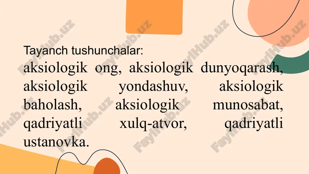 di yaxshilik, sevgi, mehnatsevarlik, vijdon, qadr-qimmat, fuqarolik pedagogik muhabbat, ta'lim oluvchilar taqdiriga qiziqish ta'lim oluvchiga yuksak ishonch bilan qarash; - hamkorlik, muloqot mahorati; to'g'ridan-to'g'ri majburlashdan voz kechish; - ijobiy rag'batlantirishning muhimligi ta'lim oluvchi shaxsiga ta'lim subyekti, faollik va erkin tanlash sohibi sifatidagi munosabat. qadriyatli ustanovka. shaxsning o'zining ichki pozitsiyasini anglashi va aniq qadriyatlar bilan bog'liqlikda faoliyatga tayyorgarlikning mavjudligi qadriyatli ustanovka sifatida aniqlanadi. attitude (ustanovka, munosabat) atamasi aynan inson faoliyatining yo'nalganligi ma'nosida birinchi marotaba v.tomas va f .znanetskiy tomonidan qo' llanilgan. ustanovka shaxsning aniq faoliyatga tayyorlik holatini aks ettiruvchi yo'naitirilganlik tavsifini egallaydi. unda kognitiv (bilim, axborot) va affektiv (emotsiya, hissiyot) tarkibiy qismlar namoyon bo'ladi. «qadriyatlar - jamiyatda kishilar o'rtasida obro'ga, e'tiborga, hurmatga, nufuzga, ahamiyatga ega kishilar, munosabatlar, holatlar, moddiy narsalar va ma'naviy boyliklar majmuasi» «mustaqillik izohli ilmiy-ommabop lug'at» «qadriyat - voqelikdagi muayyan hodisalaming, umuminsoniy, ijtimoiy-axloqiy, madaniy-ma'naviy ahamiyatini ko'rsatish uchun qo'llaniladigan falsafiy-sotsiologik va aksiologik tushuncha». «falsafa: qomusiy lug'at» «qadriyat – bu tabiiy …