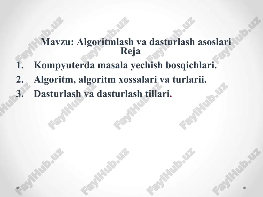 so‘ng, natijaga erishish kerak tuzilgan bitta algoritm vositalariga faqat bitta emas, balki bir xil turdagi barcha masalalarni hal qila bilish mumkin bo‘lish kerak algoritm qaysi ijrochiga mo‘ljallanganiga qarab: matn shakli blok-sxema shakli dastur shakli - algoritmning boshlanishi va tugashi - arifmetik va mantiqiy ifodalarni hisoblash - boshlang‘ich ma’lumotlarni kiritish - boshqarishni shart asosida o‘zgarturush - qaytariluvchi jarayonni ifodalash - kichik yoki qism dasturlarga murojaat - natijani chiqarish algoritmning blok-sxema shaklida tasvirlash algoritm uch turga bo‘linadi chiziqli tarmoqlanuvchi takrorlanuvchi chiziqli algoritmlar oddiy ko‘rinishdagi hech qanday shartlarga bog‘liq bo‘lmagan va tartib bilan faqat ketma-ket bajariladigan jarayonlarga tuziladigan algoritmlardir tarmoqlanuvchi algoritmlar biror shartga muvofiq bajariladigan ko‘rsatmalar bilan tuziladigan algoritmlardir takrorlanuvchi algoritmlar ko‘p marta takrorlanadigan qismni o‘z ichiga olgan va biror shart bajarilguncha davom etadigan algoritmlardir chiziqli algoritmlar tarmoqlanuvchi algoritmlar takrorlanuvchi algoritmlar chiziqli algoritmlarga misol boshlanishi x y tamom funksiyaning qiymatini hisoblash algoritmi tarmoqlanuvchi algoritmlarga misol funksiyaning qiymatini hisoblash algoritmi. bunda a=4,5 boshlanishi a, …