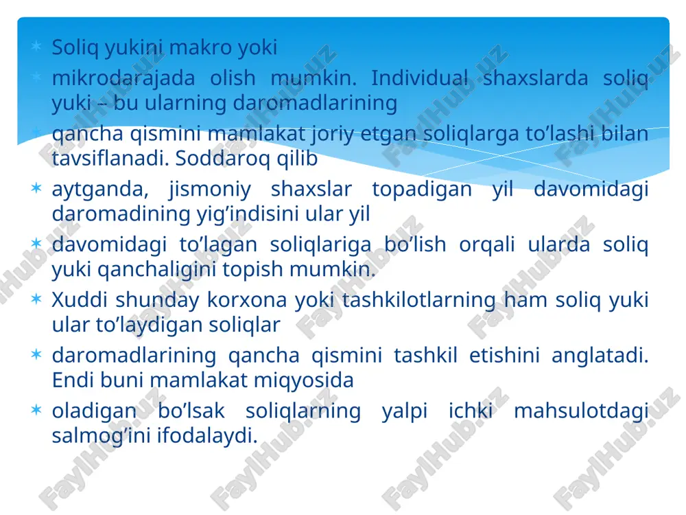 yyan mamlakat uchun haqiqiy bo‘lgan, iqtisodiy rivojlanishning turli bosqichlarida amal qiladigan soliq yuki universal va bir vaqtning o‘zida optimal ko‘rsatkich bo‘la olmaydi, deb hisoblagan q.yaxyoev soliq yukini “to‘lovchining hamma soliqlar va yig‘imlar yig‘indisidan byudjetga to‘lashidir. soliq og‘irligi foydaga yoki jami daromadga nisbatan olinadi” deb yozadi. soliq yukini yana boshqacharoq ham izohlash mumkin. soliq yuki - bu soliq yukining xaridorlar va ishlab chiqaruvchilar yoki sotuvchilar o‘rtasida qanday taqsimlanishini o‘lchashdir. qaysi guruh oxir-oqibat soliq yukining katta qismini o‘z zimmasiga olishi talab va taklifning o‘zgaruvchanligiga bog‘liq deb izohlanadi. elastiklik deganda narxlarning o‘zgarishi natijasida umumiy talab yoki taklifning o‘zgarishi ehtimoli tushuniladi. masalan, sigaretalar noelastik talabga ega, ya’ni narx o‘zgarishi sigaretalarga bo‘lgan talabga kuchli ta’sir ko‘rsatmaydi. natijada tamakilarga soliqlar qo‘shilganda soliq yukining katta qismini iste’molchi o‘z zimmasiga olishi ehtimoli yuqori bo‘ladi. shu nuqtai nazardan soliq yukini shunday izohlash mumkin: - iste’molchiga tushadigan soliq yuki - ishlab chiqaruvchiga tushadigan soliq yuki. m.i litvin soliq yukini quyidagi …