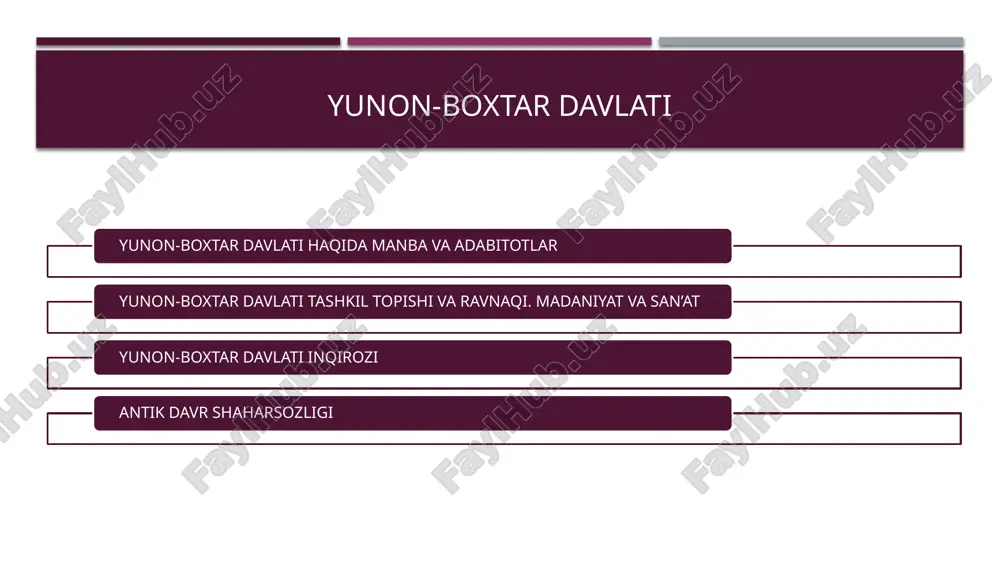 rmi va ii asrning birinchi yarmiga to‘g‘ri keladi. janubiy hududlardagi bu davrga oid jondavlattepa, oyxonim, qorabog‘tepa kabi yodgorliklardan hokimlar saroylari, ibodatxonalar, turar-joylar, mehnat va jangovar qurollar, turli hunarmandchilik buyumlari hamda ko‘plab tanga pullarning topilishi bu hududlardagi ijtimoiy-iqtisodiy va madaniy hayotdagi rivojlanishdan dalolat beradi. yunon-baqtriya podsholigi davlat tuzilishining muhim tomoni - qo‘shin va uni tashkil etish edi. avvalo, ta’kidlash lozimki, yunon-baqtriya qo‘shinlarining katta qismini baqtriyaliklar va boshqa mahalliy aholi tashkil etgan. qo‘shinning asosiy harakatlantiruvchi kuchlari otliq-suvoriylardan iborat bo‘lgan. qo‘shinlar tarkibida harbiy fillar ham bo‘lgan yunon-boxtar davlati tashkil topishi va ravnaqi. madaniyat va san’at yunon-baqtryada shaharlar kop bolgan. shuning uchun qadimgi tarixshilar pompey va apalloderlar yunon-baqtryani "ming shaharlar mamlakati,, deb bejiz aytishmagan. eng yirik shaharlari baqtrya, termiz, evkratideya, demetriya, aleksandrya va boshqalar bolgan.bu shaharlarda hunarmandshilik va savdo-sotiq rivoj topgan. yunon-baqtrya savdo-sotiq ham juda rivojlangan edi. yunon-baqtrya shimoldan janubga, sharqdan g'arbga o'tadigan korvon yollarining qoq ortasida joylashgani savdo-sotiqning rivojlanishiga imkon bergan. yunon-baqtrya savdogarlari …
