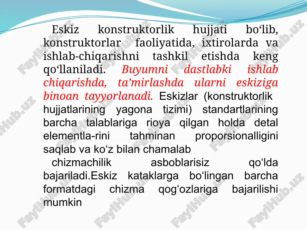 detal balandiligi a deb olinib, unda detal eni ba va uzunligi s2a ga tahminan teng desa bo‘ladi. ko‘rinishlar uchun ingichka chiziqlar yordamida to‘g‘ri to‘rtburchaklar chiziladi. 6-bosqich. detal elementlarini tasvirlash chizilgan to‘g‘ri to‘rtburchaklar ichiga uning o‘lchamlarini proporsiyasi va proeksion bog‘lanishni saqlagan holda detal elementlarining markaz hamda o‘q chiziqlari o‘tkaziladi. 7-bosqich. ko‘rinishlar, qirqim va kesimlarni bajarish barcha ko‘rinishlarda 6-bosqichda e’tibor berilmagan qismlar to‘ldirib chiziladi. ko‘rinishlar chizib bo‘lingandan so‘ng yordamchi chiziqlarni o‘chirib tashlanadi. 2.305-68 ds ga muvofiq qirqim va kesimlar bajariladi va kesim yuzalari material turiga qarab shtrixlanadi, chiziqlari qoraytiriladi. 9 8-bosqich. o‘lcham chiziqlari va shartli belgilarni qo‘yish sirtlarni xarakterini aniqlovchi o‘lcham va chiqarish chiziqlari, shartli belgilar (diametr, radius, kvadrat, konuslik, qiyalik, rezba turlari va boshqalar). 10 9-bosqich. o‘lcham sonlarini qo‘yish detal elementlarini o‘lchov asboblari yordamida o‘lchab o‘lcham chiziqlari ustiga o‘lcham sonlari qo‘yiladi. agar detal elementlarida rezba ochilgan bo‘lsa, uni parametrlari va rezbani belgilanishi qo‘yiladi. 11 10-bosqich. eskizni taxt qilish detalning eskizi chizilgandan …