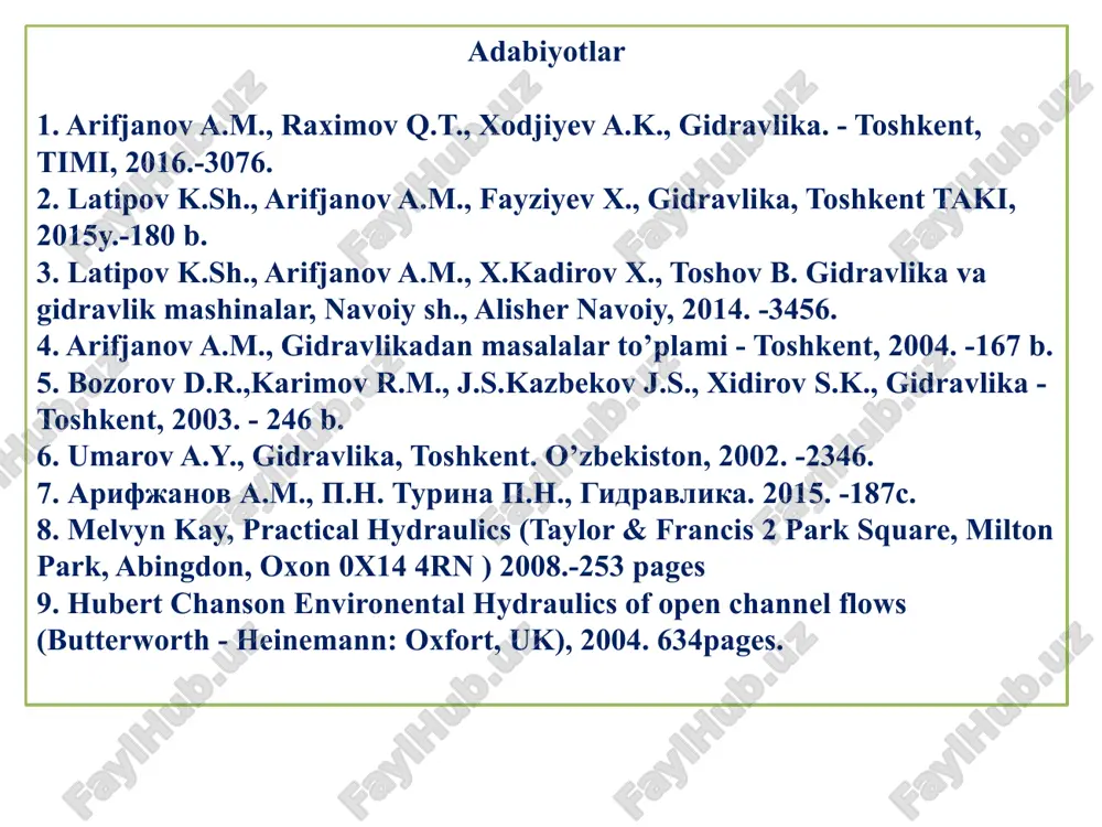 ga oqib o`tish va hokazolarda uchratish mumkin. odatda bu masalalarni yechishda oqim fizikasiga bog`liq shartlar kiritiladi. suyuqlikning yupqa devordagi kichik teshikdan oqib chiqishi. kichik teshik: siqilish koeffisitsienti 1-1 va 2-2 kesimlar uchun bernulli tenglamasi: (1) (1) tenglamadan: - tezlik koeffitsienti. yupqa devordagi kichik teshikdan oqib chiqayotgan sarfni ћisoblash formulasi : teshik va naychalardan oqib chiqayotgan suv sarfini hisoblash. teshiklardan oqib chiqayotgan sarf yupqa devordagi kichik teshiklar: sarfni hisoblash formulasi: bu yerda: - teshik yuzasi; - sarf koeffitsiyenti. - silindrik va kvadrat shakldagi teshiklar uchun. ko‘milgan teshikdan o‘tayotgan sarf katta teshiklar uchun: katta teshiklar uchun: - teshik markazidagi napor; - sarf koeffitsiyenti. teshiklardan chiqayotgan sarfni «napor» reyka orqali aniqlash yoki formuladan sarf koeffitsiyentini aniqlaymiz: bir necha o‘lchovlar asosida -ni formula asosida aniqlanadi va o‘rtachasi topiladi. o‘lchovlar asosida grafik chiziladi. harakat tenglamalari asosida μ -ni aniqlash oqimning chiqish koordinatalari «x» va «z» o‘lchanadi, tezlik koeffitsiyenti aniqlanadi: sarf koeffitsiyenti hisoblab topiladi: silindrsimon va …