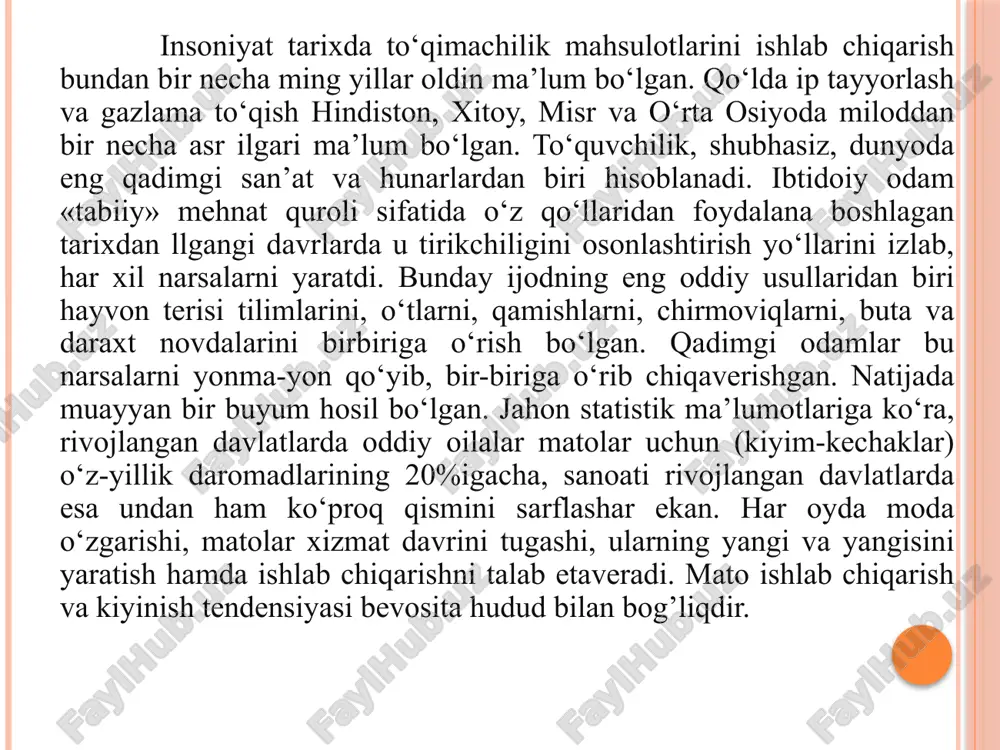 a zavodlar qurilib ishga tushirilgan. mamlakatimizdayildan-yilga paxta xom-ashyosini ishlab chiqarish ko‘payib borgan. 1923-1926-yillardan boshlab mamlakatimizda to‘qimachilik sanoati boshlangan va paxta tozalash zavodlari bilan bir qatorda 1926-yilda farg’ona to‘qimachilik fabrikasi qurilib ishga tushirilgan, keyinchalik esa u katta to‘qimachilik kombinatiga aylantirilgan. 1926-yilda farg’ona to‘qmachihk fabrikasi, 1927-yilda farg’ona va samarqandda pillakashlik fabrikalari, 1928-yili buxoro va marg’ilonda pillakashlik korxonalari qurilib ishga tushgan bo‘lsa, 1930-yilda samarqand shoyi fabrikasi, 1932-yilda toshkent to‘qimachilik kombinati, 1960-yillarning o‘rtalarida namanganda «kastyumbob va shtapel gazlamalar ishlab chiqarish» kombinati, toshkentda «malika» trikotaj ishlab chiqarish birlashmasi, andijonda ichki trikotaj buyumlari fabrikasi va boshqa to‘qimachilik korxonalari qurilib, mahsulot ishlab chiqara boshlangan. gazlama va ip bilan ishlash darslarini tashkil etish metodikasi tikish darslarida beriladigan politexnik bilim bolalarning bilim doiralarini kengaytiradi. bolalarning tasavvurlarini insoniyat hayotida muhim o‘rinni egallovchi hamda keng tarqalgan materiallar va ularning xususiyatlari, sanoatning gazlama va tolali materiallar ishlab chiqaruvchi tarmoqlari, materiallardan texnika va insonning madaniy hamda maishiy ehtiyojlarini qondiruvchi ishlab chiqarish kabilar bilan …