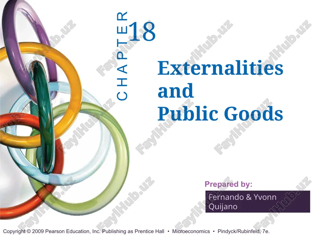 ies and public goods * of 35 copyright © 2009 pearson education, inc. publishing as prentice hall • microeconomics • pindyck/rubinfeld, 7e. externalities positive externalities and inefficiency figure 18.2 external benefits when there are positive externalities, marginal social benefits msb are higher than marginal benefits d. the difference is the marginal external benefit meb. the price p1 results in a level of repair, q1. a lower price, p*, is required to encourage the efficient level of supply, q*. 18.1 chapter 18 externalities and public goods * of 35 copyright © 2009 pearson education, inc. publishing as prentice hall • microeconomics • pindyck/rubinfeld, 7e. externalities figure 18.3 sulfur dioxide emissions reductions the efficient sulfur dioxide concentration equates the marginal abatement cost to the marginal external cost. here the marginal abatement cost curve is a series of steps, each representing the use of a different abatement technology. 18.1 chapter 18 externalities and …