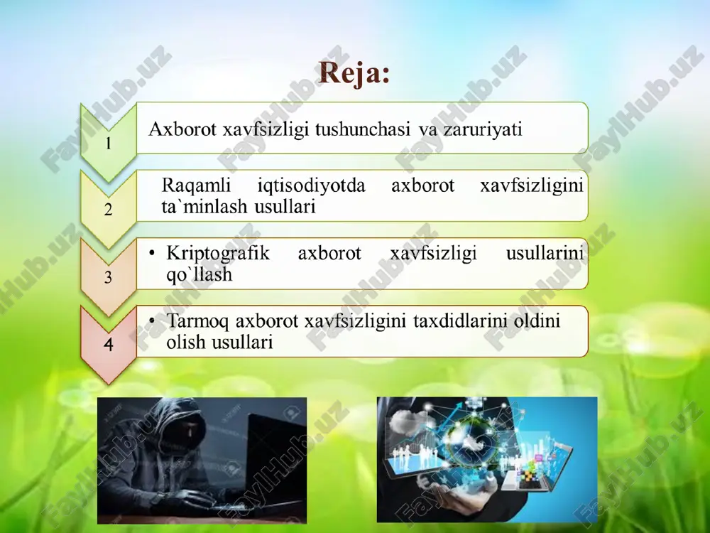 avfsizligiga tahdidlar. 1. axborot; 2. texnik va dasturiy vositalar; 3. xizmat ko‘rsatuvchi personal va foydalanuvchilar. axborot xavfsizligiga tahdidlar tasodifiy tahdidlar maqsadli tahdidlar falokatlar va avariyalar texnik vositalarning ishdan chiqishi va to'xtab qolishi akt ishlab chikishdagi xatoliklar algoritmik va dasturiy xatoliklar xizmatchi xodimlar va foydalanuvchilar xatolari an'anaviy josuslik va quporuvchilik axborotdan ruxsatsiz foydalanish elektromagnit nurlanish va ta'sirlar tizimga ruxsatsiz kirish zararli dasturlar axborot xavfsizligiga tahdidlar turlari maksadli xarakatlarga bog'lik bulmagan, kandaydir vaktlarda sodir buladigan xavflar tasodifiy taxdidlar deb ataladi. tasodifiy taxdidlar maqsadli taxdidlar maksadli xarakatlarga bog'lik bulgan, inson faktoriga bog'liq xolda sodir buladigan xavflar maqsadli taxdidlar deb ataladi. barcha xujumlar internet ishlashi printsiplarining qandaydir chegaralangan soniga asoslanganligi sababli masofadan bo'ladigan namunaviy xujumlarni ajratish va ularga qarshi qandaydir kompleks choralarni tavsiya etish mumkin. bu choralar, haqiqatan, tarmoq xavfsizligini ta'minlaydi. internet protokollarining mukammal emasligi sababali tarmoqdagi axborotga masofadan bo'ladigan asosiy namunaviy xujumlar quyidagilar: - tarmoq trafigini taxlillash; - tarmoqning yolg'on ob'ektini kiritish; - …