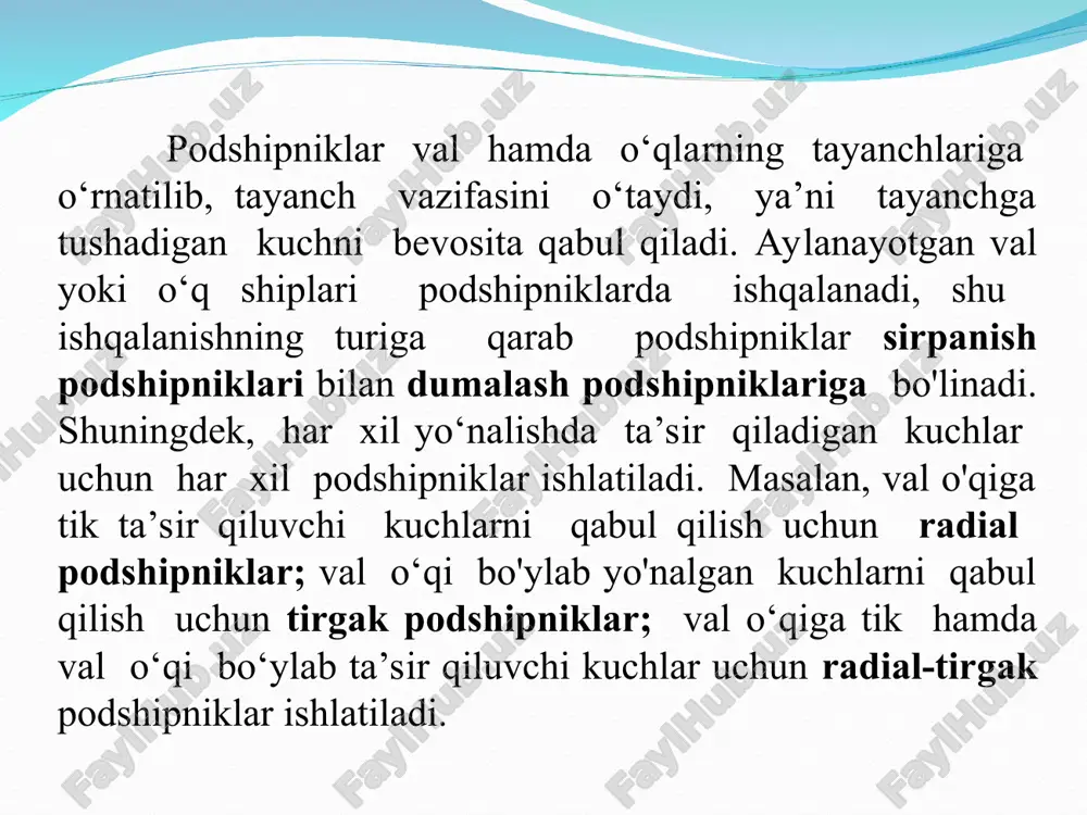 va xizmat ko’rsatish osonligi. kamchiligi. -diametri bo‘yicha o‘lchamlarini nisbatan kattaligi; -ishlash muddatining qisqaligi (chunki kontakt kuchlanishning qiymati katta); -kam seriyali, yuqori aniqlikda tayyorlanadigan podshipniklar tannarxining yuqoriligi; -katta tezlik bilan harakatlanganda shovqin bilan ishlashi. dumalash podshipniklarida dumalash elementlari zoldirli (a), rolikli bo‘lishi mumkin. rolikli dumalash elementlari esa silindrsimon (b), konussimon (v), bochkasimon (g), ignasimon (d) maxsus o’ramli (e) roliklarga bo‘linadi. dumalash elementlari bir qator, ikki qator va ko‘p qator qilib joylashishi mumkin. dumalash podshipniklar podshipniklarni bir-biridan ajratish uchun shartli belgilar qabul qilingan, bu belgilar halqalarning yon tomoniga yozilgan bo‘ladi. shartli belgining o‘ng tomonidan ikki raqam podshipnik ichki diametrini d ni bildiradi. bu ichki diametrlar 3 mm dan 10 mm gacha bo’lsa 1 mm dan, 20 mm gacha 2-3 mm dan farq qiladi (10, 12, 15, 17, 20), d-20-455 mm gacha bo’lganda esa 5 mm dan farq qiladi. masalan, 706 podshipnik bo‘lsa, 06x5=30 mm ga teng bo’ladi. shartli belgining o‘ng tomondan uchunchi …
