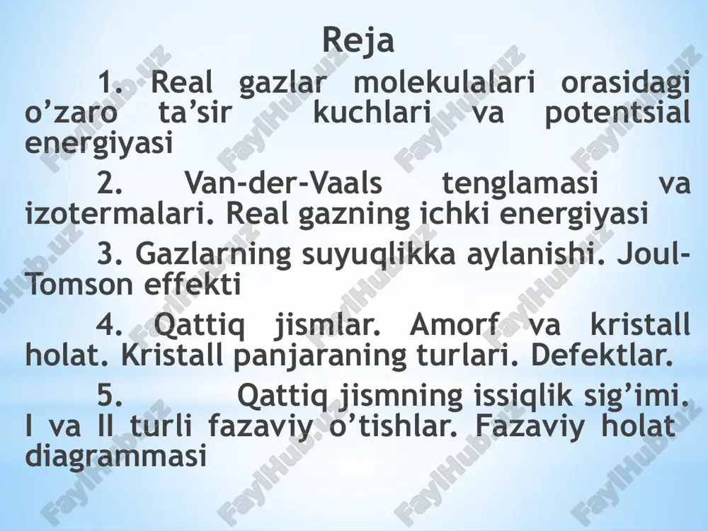 ya’ni ularning o‘zaro ta’siri nolga teng bo‘lganda, potensial energiya nolga teng deb olinadi. potensial energiya ma’lum bo‘lsa, mexanikadagi formuladan o‘zaro ta’sir kuchini aniqlash mumkin. molekulalar bir-biri bilan ma’lum masofada turganda (10-7-10-8 sm) ular orasida tortishish va itarishish kuchlari mavjud bo‘ladi. mexanikadagi tortishish kuchlari manfiy, itarish kuchlari musbat deb shartlashilganday tortiluvchi kuchlar potensial energiyasini manfiy, itaruvchi kuchlar potensial energiyasini musbat deb olamiz. har ikkala itarishish va tortishish kuchlari hosil qilgan potensial egri chiziqlar chizmadagi shaklga ega bo‘ladi. 1-rasm bizga ma’lumki, ideal gaz holat tenglamasi pv=rt (1) ko‘rinishda bo‘lib, van-der-vaals unga ma’lum tuzatishlar kiritish bilan real gaz uchun holat tenglamasi (2) shaklda ifodalanishini ko‘rsatdi. 1-tuzatma. bu molekulalarning o‘lchamlari chekli ekanligidan kelib chiqadigan kattalikdir. gaz to‘ldirilgan idish hajmini v deylik. molekulalar egallagan, hajm boshqa molekulalarning harakatini chegaralaydi. molekulalarning o‘zlari egallagan, boshqa molekulalarning harakatini chegaralovchi idish hajmi b ga teng deb hisoblasak, idishdagi gaz molekulalarining harakatlanishi mumkin bo‘lgan qismi v-b ga teng bo‘ladi. bunday …