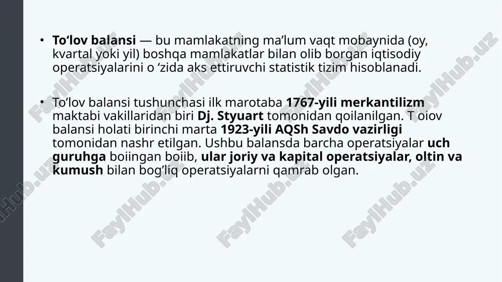 balansining makroiqtisodiy ahamiyati quyidagilardan iborat. 1. to‘lov balansi – bu mamlakatning xorijiy sheriklari bilan xalqaro iqtisodiy munosabatlarini aks ettirishning ixcham (lo‘nda) shakli. 2. to‘lov balansi davlat tashqi iqtisodiy aloqalarining ko‘lamlari, tarkibi va xususiyatini miqdoriy va sifat jihatdan ifodalashni o‘zida namoyon etadi. 3. to‘lov balansi kredit-pul, valyuta, byudjet-soliq, savdo siyosatining vositalari hamda yo‘nalishlarini tanlash va davlat qarzini boshqarishning muhim indikatori hisoblanadi. to‘lov balansini tuzishda ikki yoqlama yozish doimo amalga oshavermaydi. ba’zi hollarda bitimlaming moliyalashtirish manbayi noma’lum bo'lsa, ba’zida operatsiyalarni ro‘yxatdan o‘tkazish imkoni yo‘qligi sababli qayta yozishning iloji bo‘lmaydi. barcha kredit va debetli yozuvlaming tengligini ta’minlash maqsadida «xatoliklar va yo‘qotishlar» moddasi joriy etilgan bo‘lib, unda bir tomonlama aks ettirilgan bitimlar teskari belgi bilan aks ettiriladi. «xatoliklar va yo‘qotishlar» moddasi xalqaro qisqa muddatli kapitallar harakati, jumladan xususiy shaxslar o‘rtasidagi amalda ro‘yxatga olish qiyin bo’lgan operatsiyalarni aks ettiradi. mamlakat to'lov balansi, agar xorijdan keladigan tushumlar uning to'lovlaridan ko‘p bo‘lsa — aktiv (ijobiy), agar xorijga …