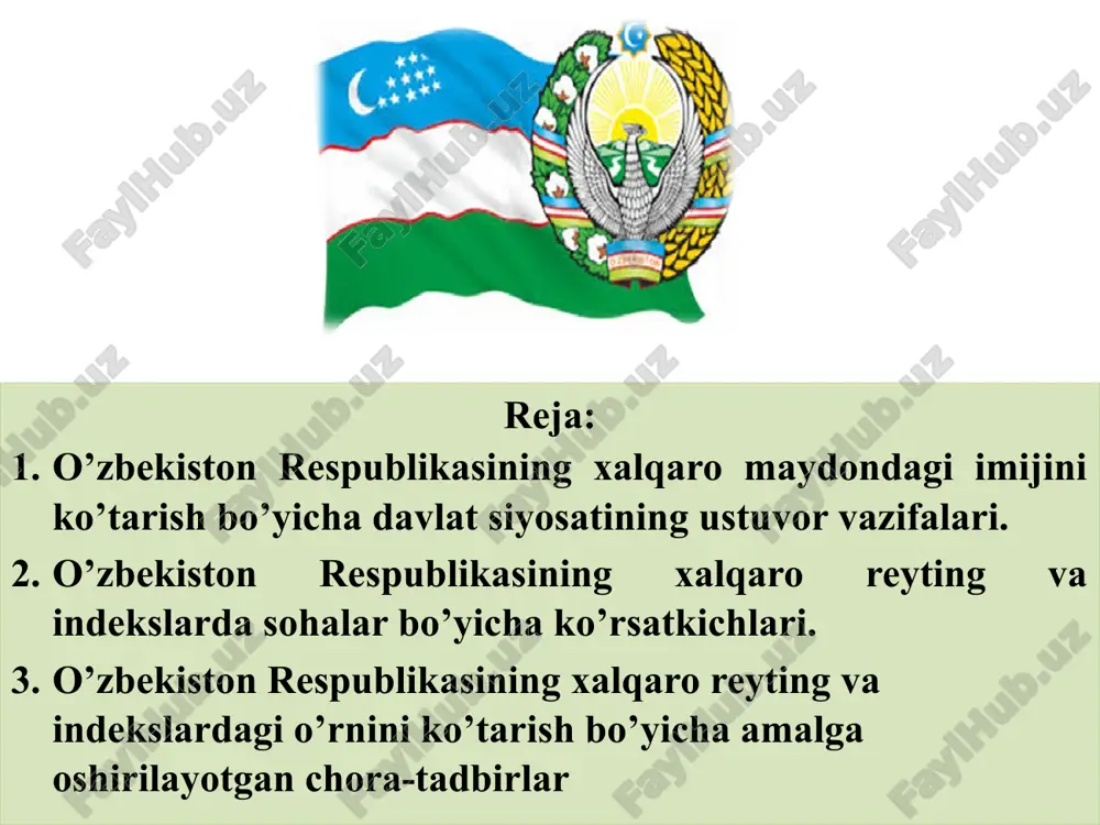 tugatish borasidagi islohotlar jahon hamjamiyati tomonidan keng e’tirof etildi. natijada o’zbekiston xalqaro reytinglarda yuqori o’rinlarga ko’tarilib, o’z ijobiy imijini yaxshilab bormoqda. dunyo mamlakatlari, xalqaro tashkilotlar va investorlar mamlakatimizga istiqbolli hamkor sifatida munosabat bildirmoqda. oddiy aytganda, o’zbekiston xorijiy arenada ishonchli hamkor qiyofasida namoyon bo’lyapti. lekin, ishonch bilan aytish kerakki, mamlakatimiz bundan-da yuqori ko’rsatkichlarni qayd etishga qodir. ma’lumotlarga ko’ra, davlatlar mavqeini belgilab beradigan 100 dan ortiq xalqaro reyting va indekslar bor. ming afsuski, ba’zi bir reytinglarda umuman o’ringa ega emasmiz yoki quyi pog’onalardan o’rin olganmiz. sabab esa bu borada tizim va faoliyat olib boruvchi organ bo’lmagan. aslida o’sha reytingda bizning real holatimiz yuqori o’rinni egallashga munosib bo’lishi mumkin. . fr o’zbekiston izchil rivojlanayotgan, demokratik, xalqaro huquqning umume’tirof etilgan normalari va tamoyillariga sodiq, tinchlik, insonparvarlik, ma’rifatparvarlik, bag’rikenglik hamda davlatlar o’rtasidagi o’zaro hurmat va hamkorlik g’oyalarini faol targ’ib qiluvchi davlat sifatida dunyoda keng e’tirof etilmoqda. o’zbekistonga turli mamlakatlar va xalqaro tashkilotlar tomonidan e’tibor ortib …