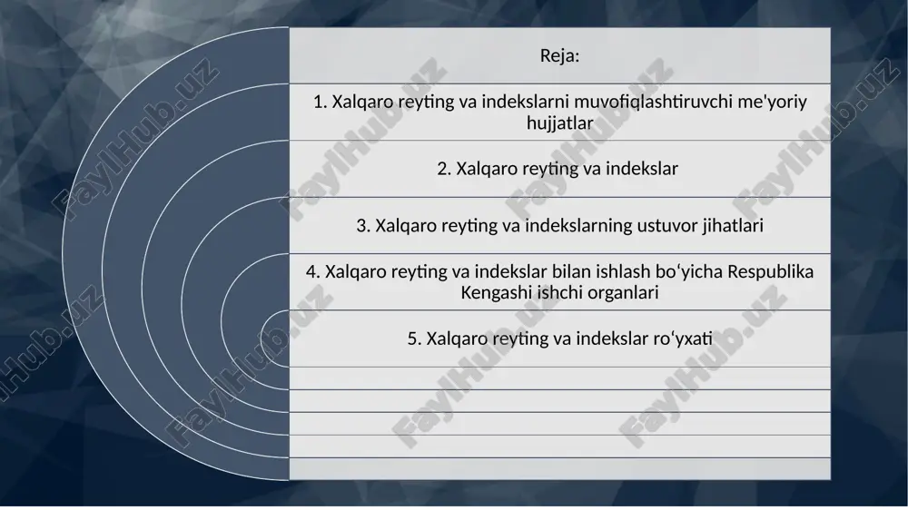 slarning ustuvor jihatlari - jahon miqyosida o‘zbekiston nufuzini oshiradi, mavqeini mustahkamlaydi, shaffoflikni ta'minlaydi. - xalqaro reyting va indekslar har bir mamlakatning rivojlanish jarayonini o‘zida namoyon etib, davlat boshqaruvi sifati, aholining turmush darajasi, inson huquqlari muhofazasi, tadbirkorlik faoliyati va xorijiy investorlar uchun qulay muhit, barqaror iqtisodiy o‘sish va raqobatbardoshlik kabi muhim jihatlarning ko‘zgusidir. - reytinglar va indekslar davlatlar o‘rtasidagi raqobatni kuchaytiradi: 1. iqtisodiy erkinlik indeksida o‘rni olayotgan mamlakatlarda kambag‘allik darajasi pasayadi; 2. iqtisodiy erkinlik indeksida ijobiy natijalar ko‘rsatayotgan iqtisodiyotlar malakali ta'lim olish tizimi, sog‘liqni saqlashni yaxshilash va o‘z fuqarolari uchun yuqori darajadagi turmush darajasiga asos bo‘ladi. - xalqaro ijtimoiy-iqtisodiy sohalarga oid reytinglar mamlakatning rivojlanganlik darajasi va amalga oshirilayotgan islohotlarning samaradorligini ko‘rsatadi. - aholi yuritilayotgan ijtimoiy-iqtisodiy siyosat va islohotlardan qanchalik rozi bo‘lsa, turli reyting va indekslardagi o‘rni o‘z-o‘zidan oshib boraveradi. xalqaro reyting va indekslar bilan ishlash bo‘yicha respublika kengashi ishchi organlari 1. ijtimoiy-iqtisodiy sohalar bo‘yicha (moliya vazirligi). 2. siyosiy-huquqiy sohalar bo‘yicha (adliya …